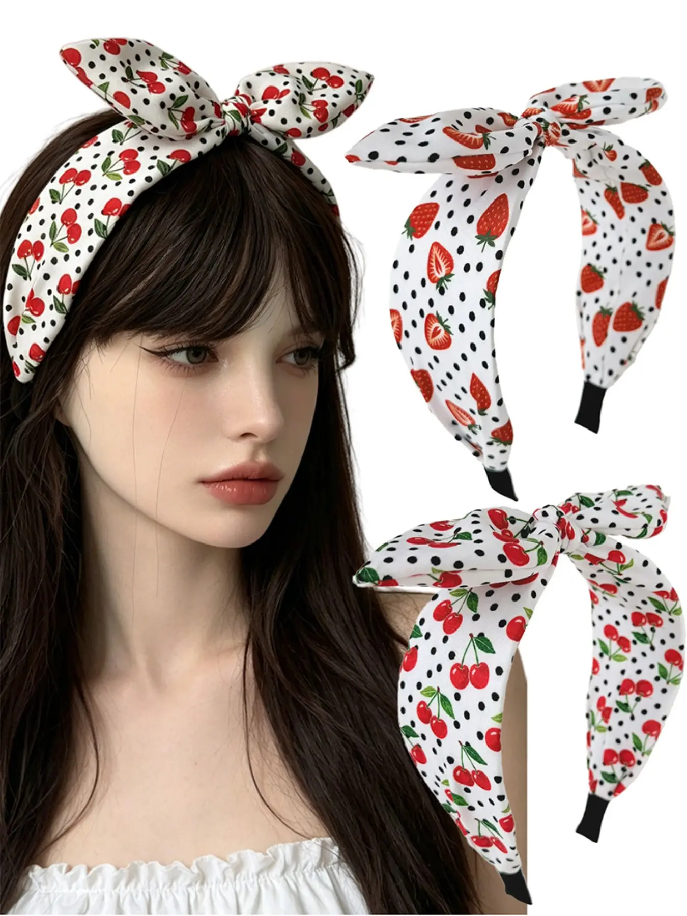 2Pcs Polka Dot Cherry/Strawberry Print Bunny Ear Rabbit Ear Headbands, 2 Fruit Patterns, Sweet Korean Style Fabric Hairband, Non-slip Padded Headwrap for Daily & Summer Outfit