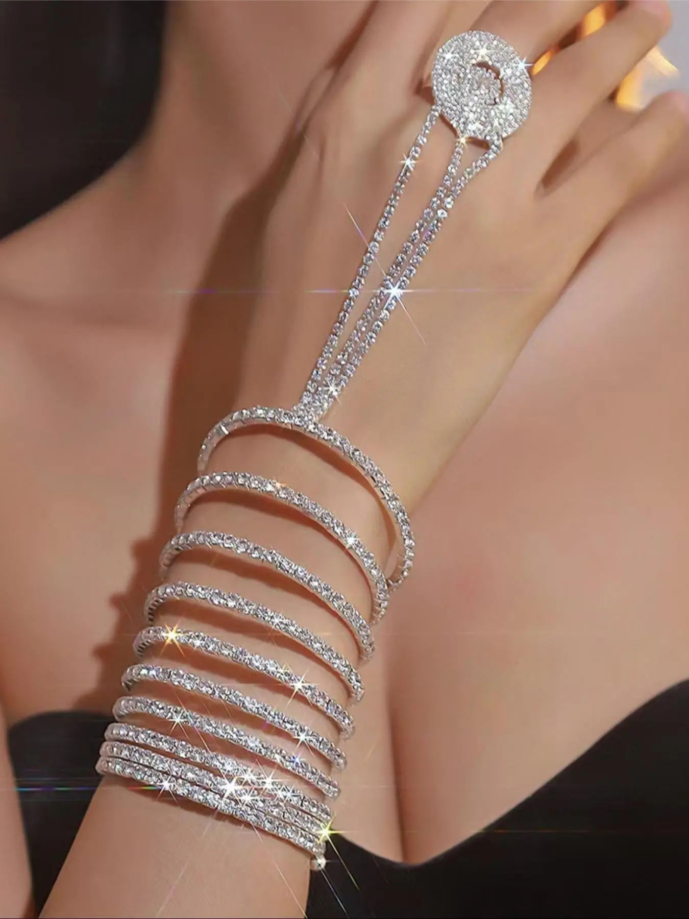 1 shimmering multi-layer rhinestone elastic finger bracelet, women's party style bracelet, perfect gift for ladies, Exquisite Bracelet