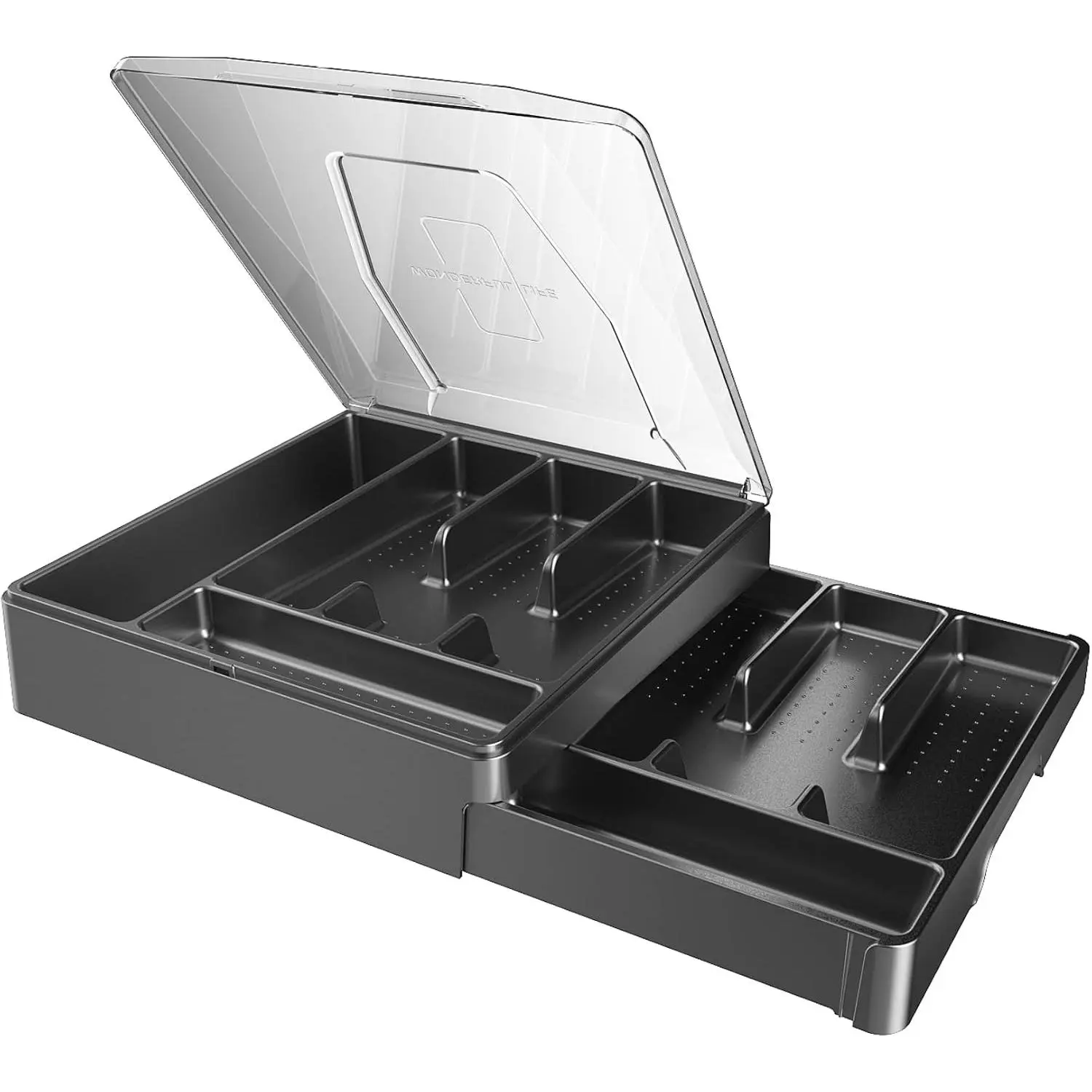 Double Layer Silverware Tray with Lid, Drawer Organizer for Utensils, Cutlery Storage Holder with Cover, Black