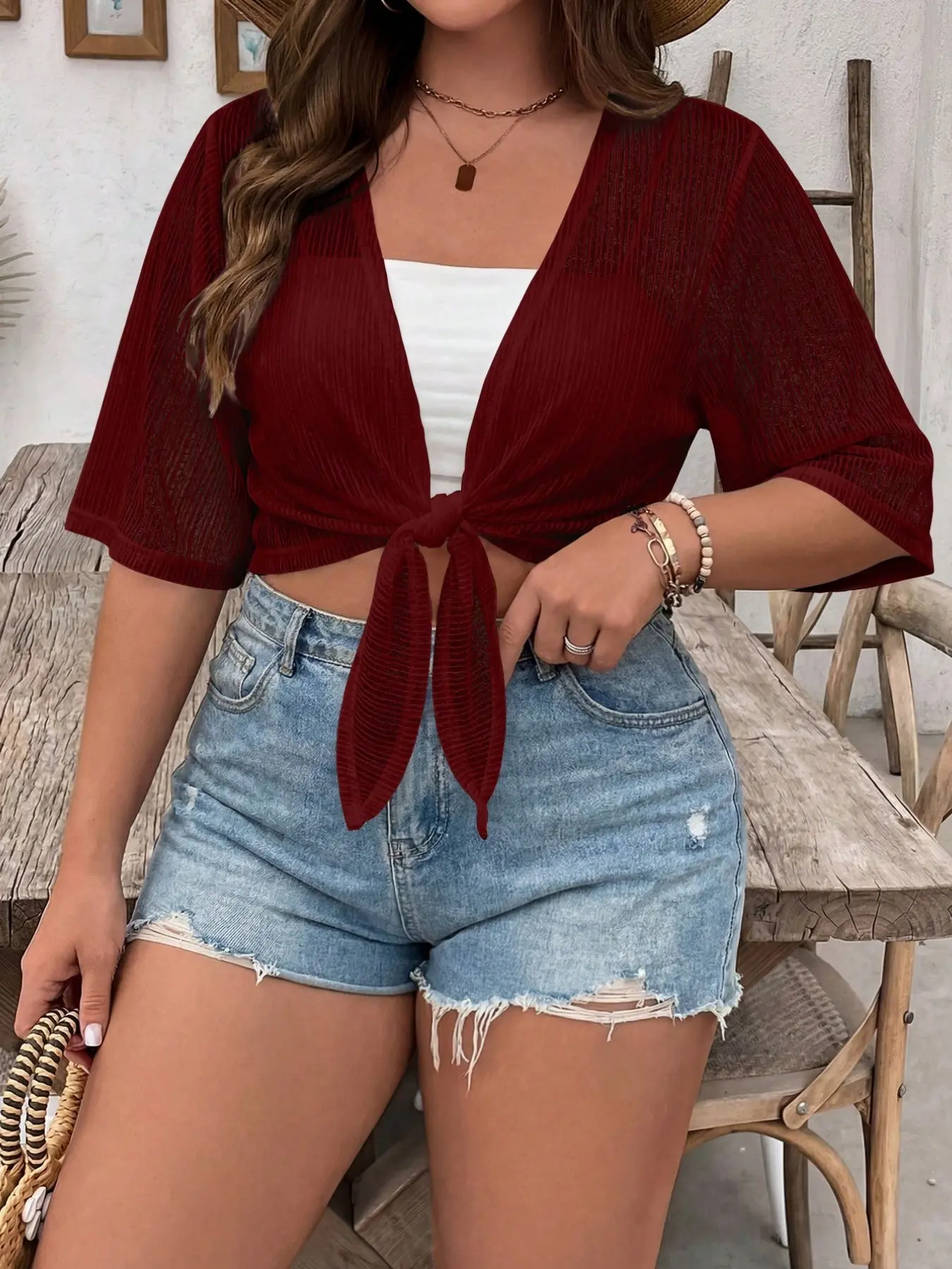Vertical Stripe Textured Front Tie Short Cardigan, French Lazy Vacation Style, Five-Quarter Sleeve Transparent Sun Protection, Plus Size Summer Beachwear Cover Up, Beach Cover Ups