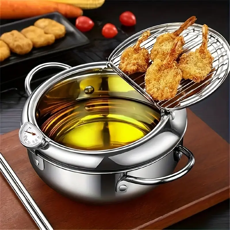 2.48/2.11gal Deep Fryer Pot Tempura Fry Pot, Stainless Steel Tempura Deep Fryer with Thermometer, Size Perfect Japanese Deep Fryer for Home Fry Chicken Chips Fish Shrimp (2.11gal Or 2.48gal, Silver for Choose)