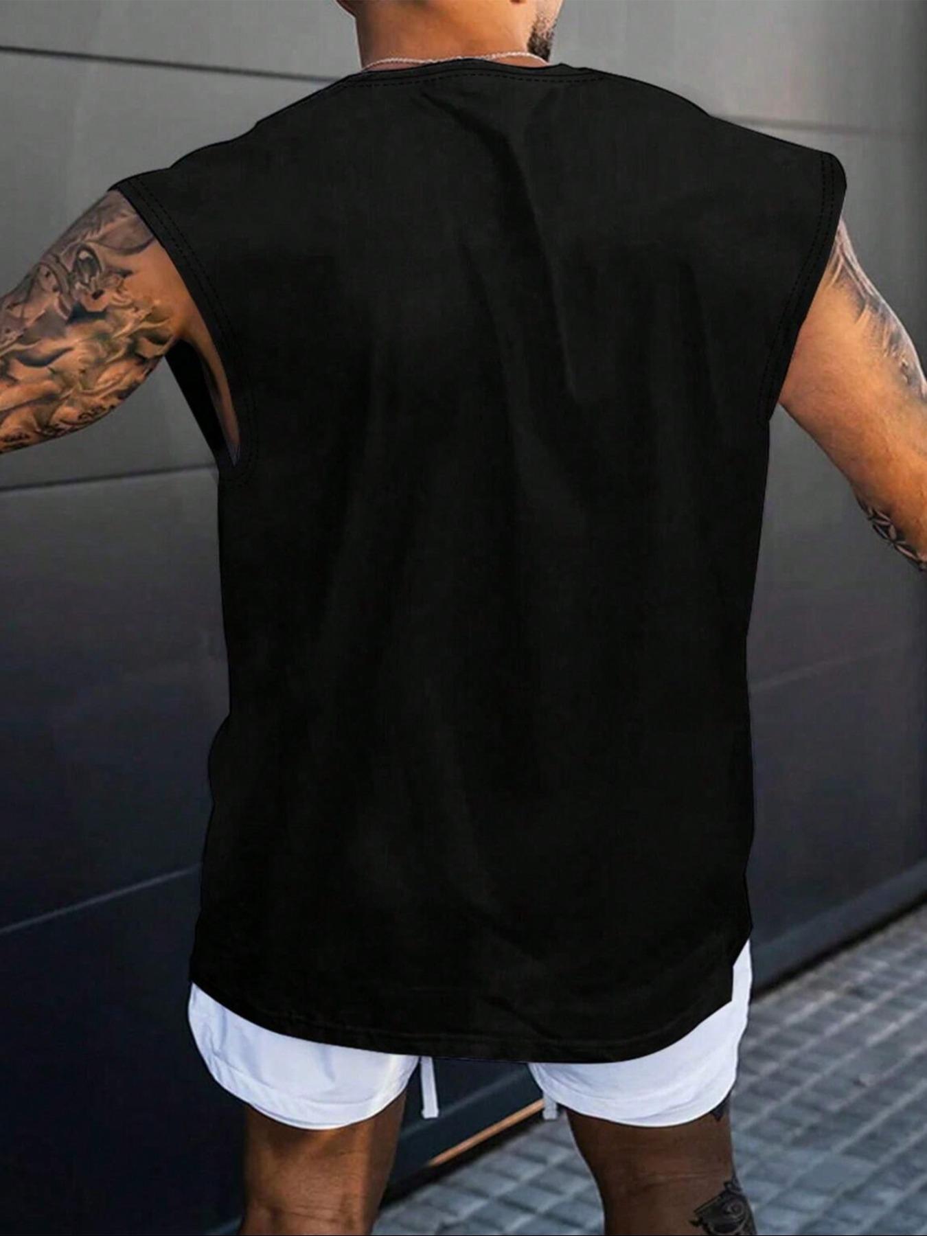 Men's Low Battery Print Sleep Tank Top, Casual Sleeveless Crew Neck Tee for Men, Comfy Loungewear for Daily Wear