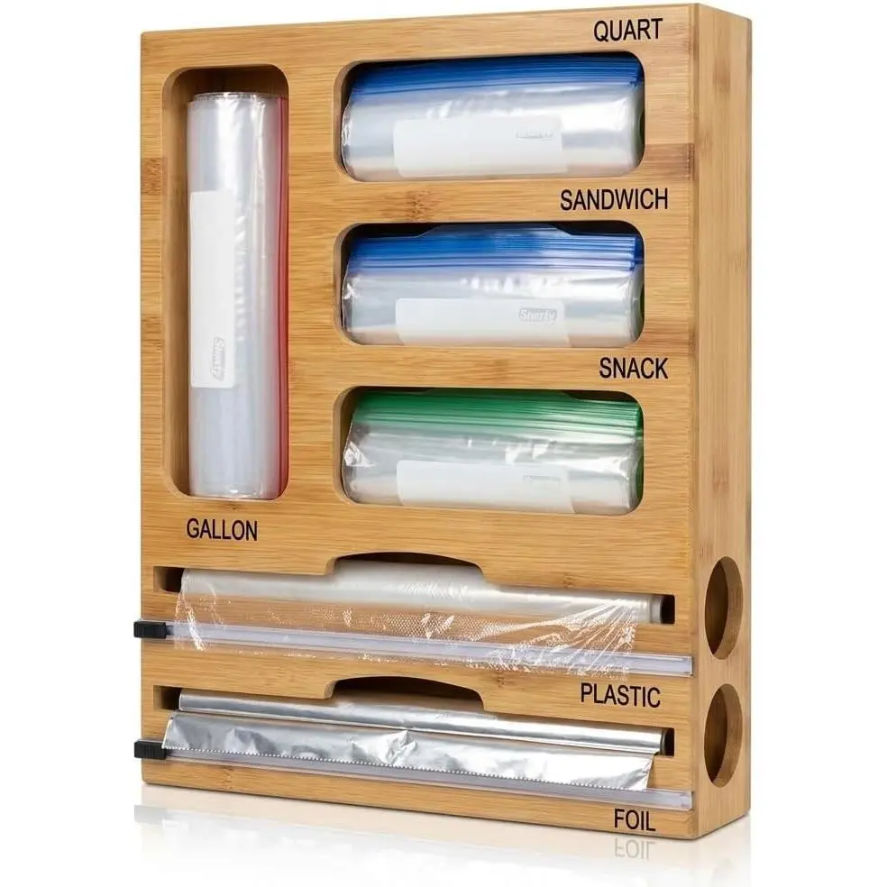 Bag Storage Organizer for Kitchen Drawer and Plastic Wrap Dispenser with , 6 In 1 Large Capacity  Foil and Plastic Bag  Baggie Organizer for Snack, Sandwich, Gallon, Quart