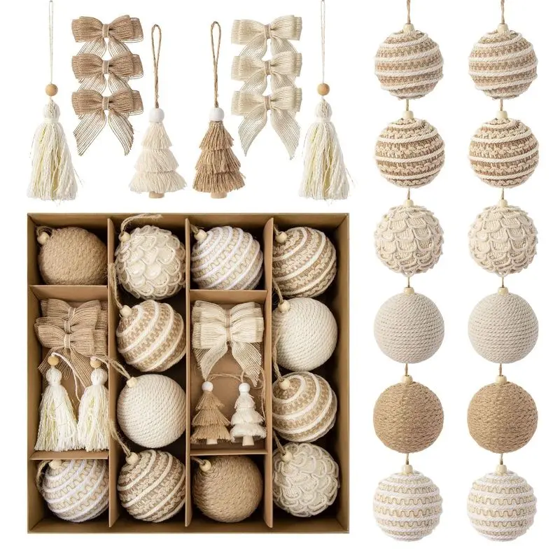 Boho Jute Christmas Ornament Set, Macrame Rope Balls, Tassel Trees & Bows, Rustic Forest Farmhouse Holiday Decor in Neutral Tones, Gift Box Tree Ornaments for Fall Winter Home