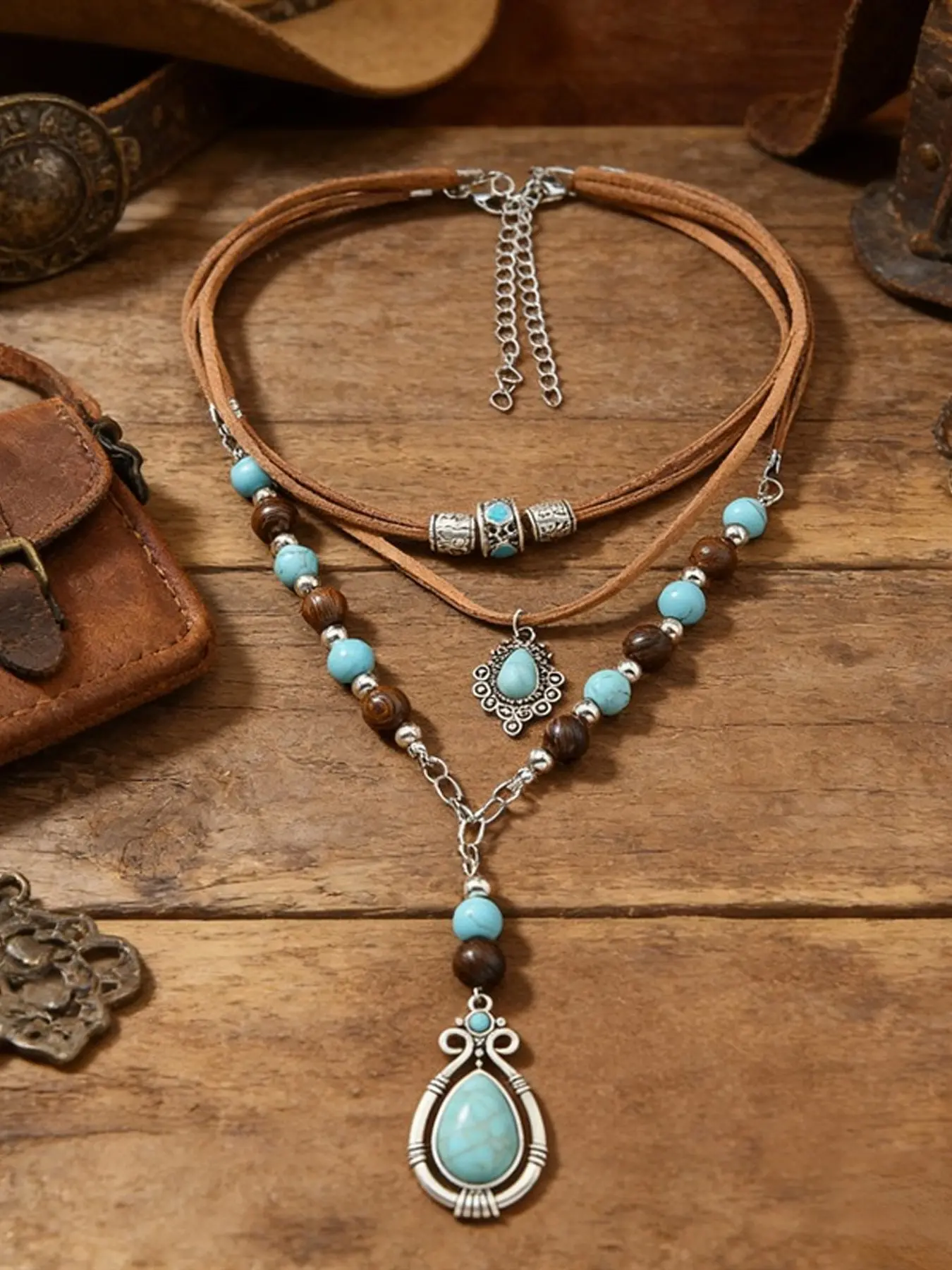 Vintage Multi-layer Leather Rope Necklace for Women, Ethnic Style Synthetic Turquoise Pendant Collarbone Chain, Bohemian Multifunctional Jewelry