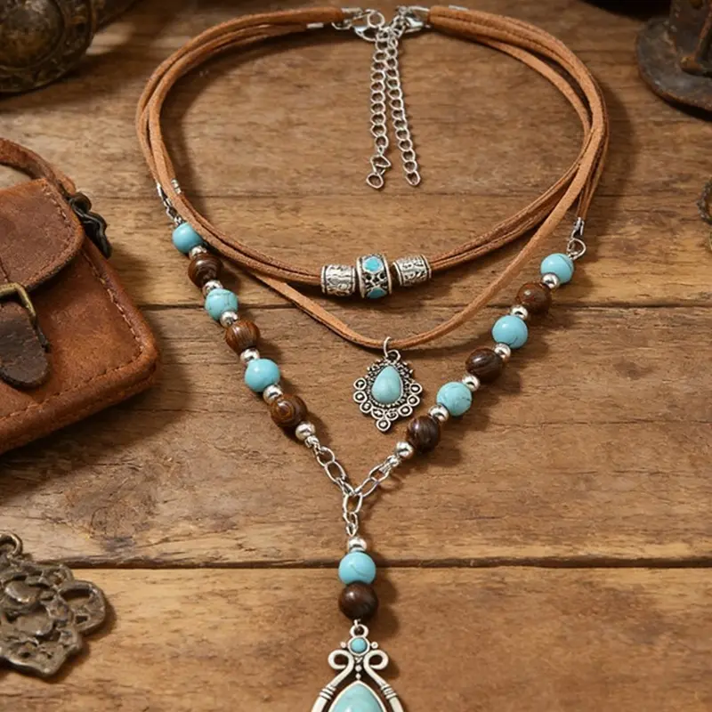 Vintage Multi-layer Artificial Leather Rope for Women, Ethnic Style Synthetic Turquoise Pendant Collarbone Chain, Bohemian Multifunctional Jewelry, Decorative Accessory Necklace
