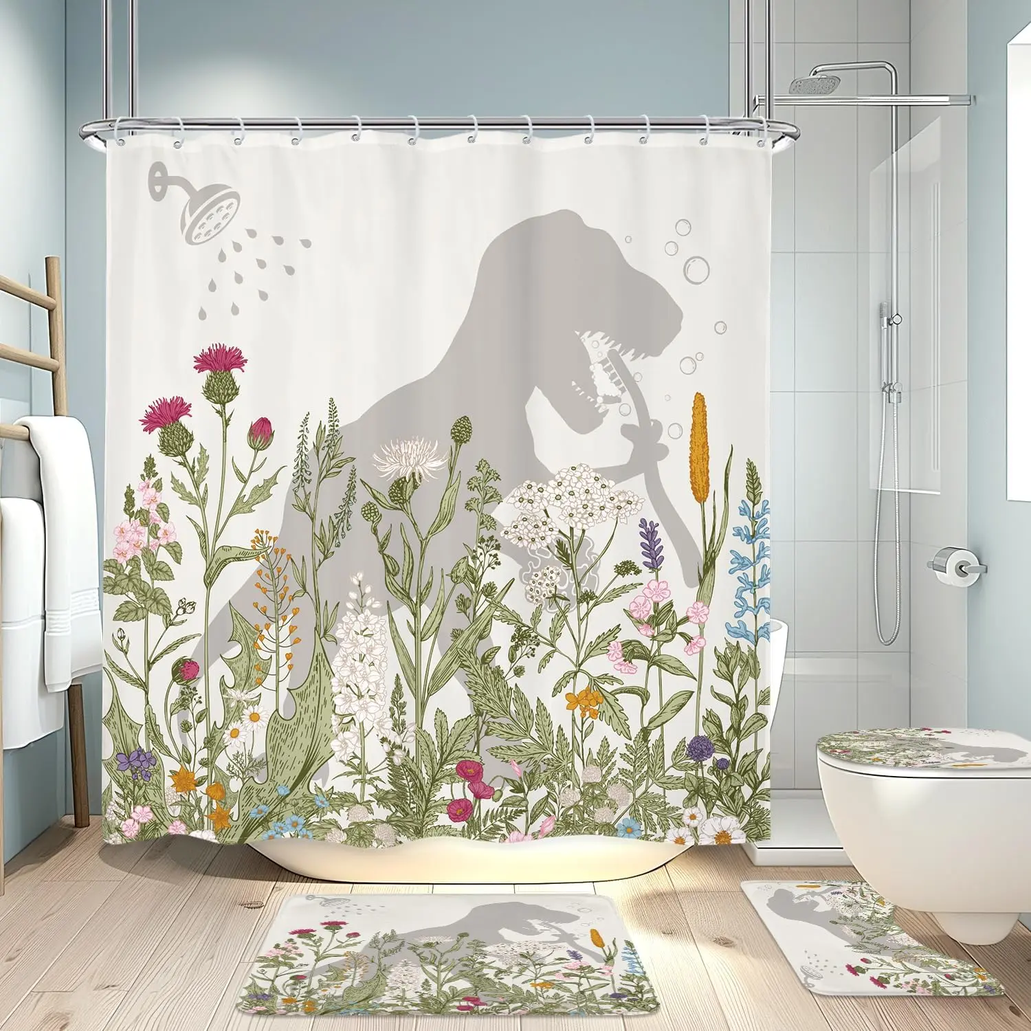 A1-Dinosaur Wildflower Floral Rustic Botanical Flannel Shower Curtain Set (71x71in) with 4PCS Bath Accessories - Waterproof Rugs, Toilet Lid Cover, Bath Mat, 12-Pack Hooks - Kids Home Bathroom Decor