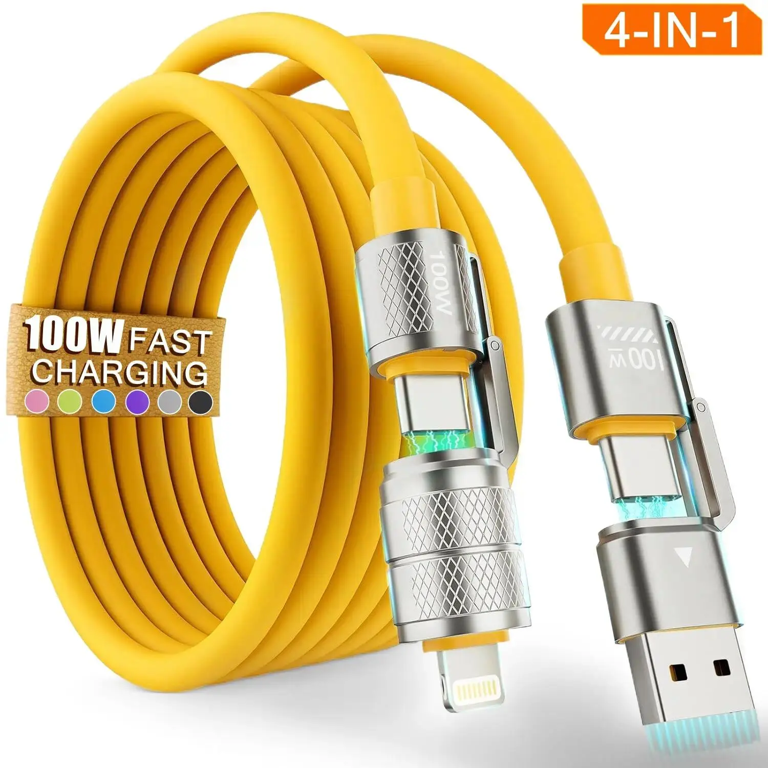 100W 4 in 1 Charging Cable , Chubby USB A/C to C/L Multi Charger Cable Compatible for iPhone 16 15 14 Pro Max/Plus/for Samsung USB C to C Multi Charging Cable for All Devices Fast Charging Supported