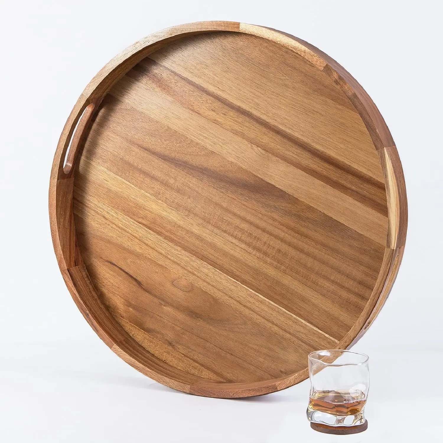 Wooden Serving Tray with Handles 22 Inch  Round Ottoman Tray Acacia Large  Trays Ottoman Living Room Wooden Trays