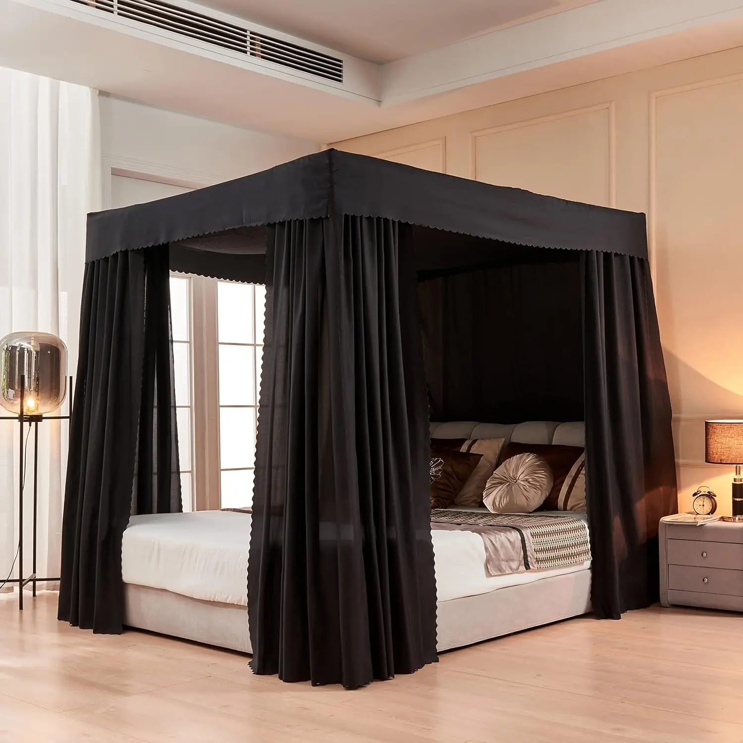SSYAQRA Black Lightproof Queen Four Corner Post Canopy Bed Curtains for Adult Boys Girls Bedroom Decoration