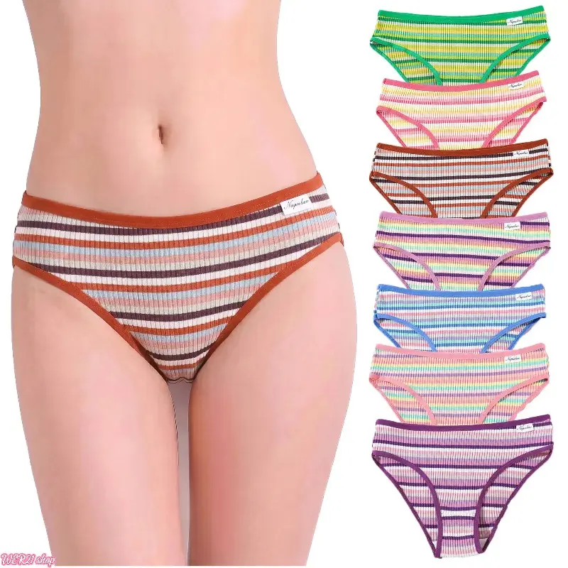 [SummerWins]New Arrival Colorful Ribbed Cotton Bikini Panties, Low Waist Tummy Control Teen Intimate Underwear with Double Layer Breathable Crotch