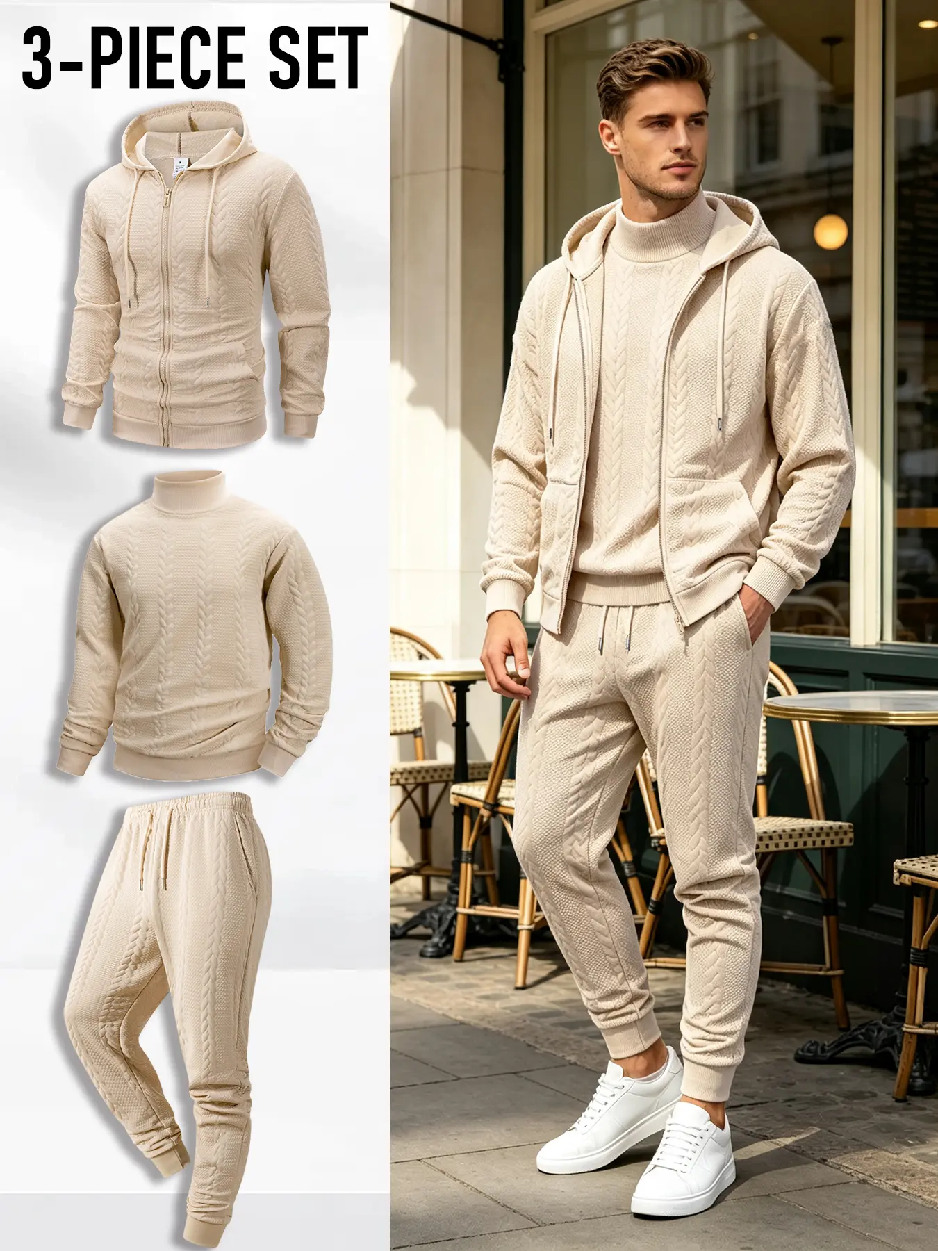 【Black Friday】Men's 3 Piece Casual Tracksuit, Textured Full-Zip Hooded Jacket, Pullover and Jogger Pants, Soft Breathable Anti-Pilling Loungewear for Daily Commute, Street, Home, Gift for Him