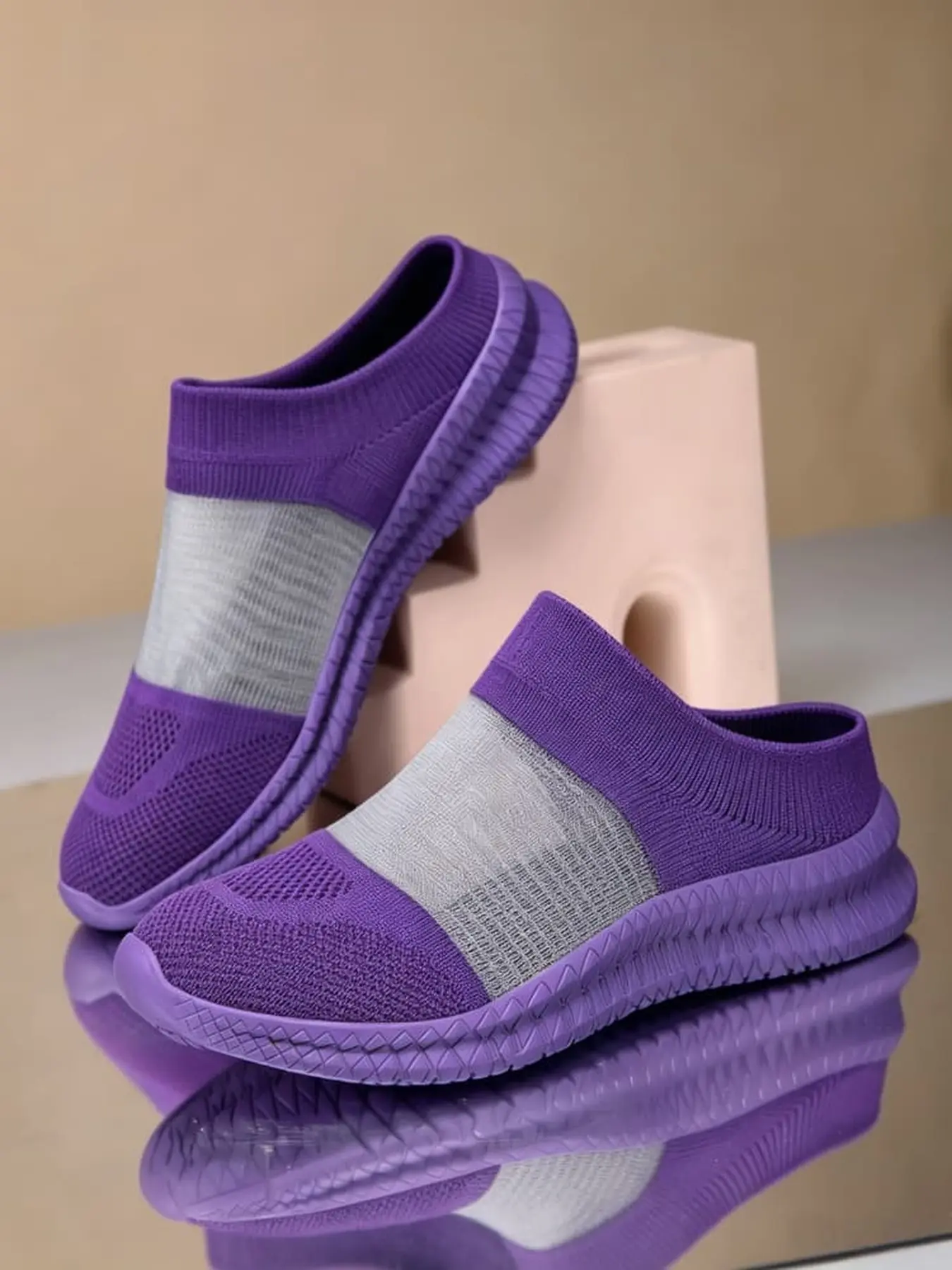Diamond anti-slip thick sole women toe slip-ons, semi-transparent flyknit spliced mesh backless, lightweight mules for home and outdoor walks