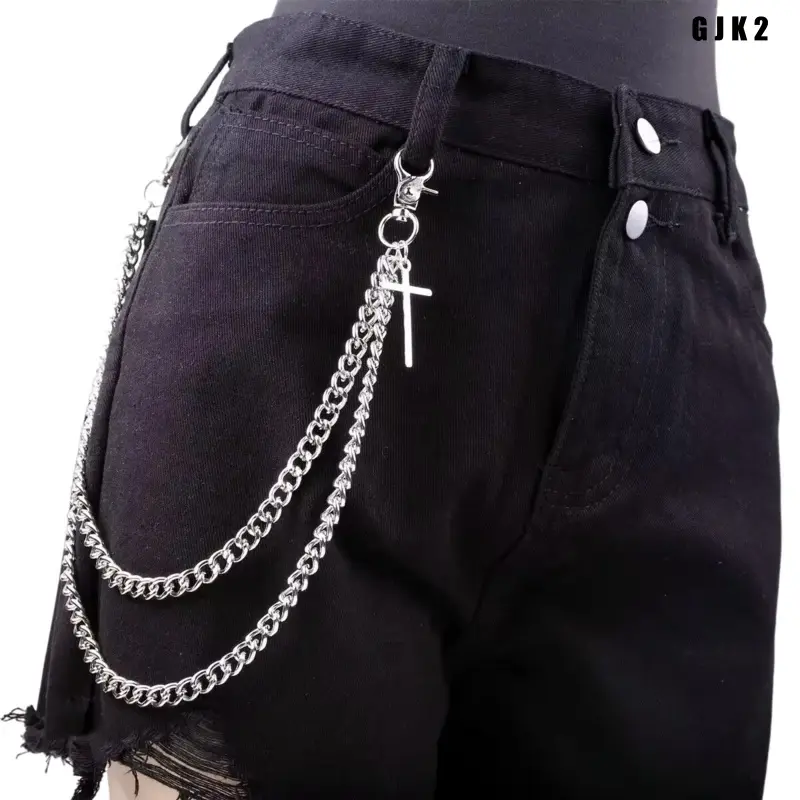 Silver‑Tone Multi‑Layer Pants Chain, Hip‑Hop Double Curb Jean Chain with Cross Charm, Lobster Clasp Metal Wallet Chain for Jeans Pants Key Decoration, Punk Street Fashion Waist Accessory for Daily Outfits