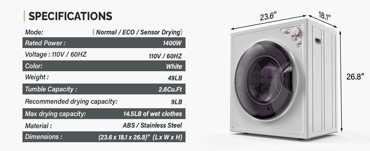 ROVSUN 9LBS Portable Clothes Dryer, 110V 1400W Electric Compact Front Load Tumble Laundry Dryer with Stainless Steel Tub & Easy Control Knob for Apartment, Home, Dorm,RV (White), 9LB-1400W