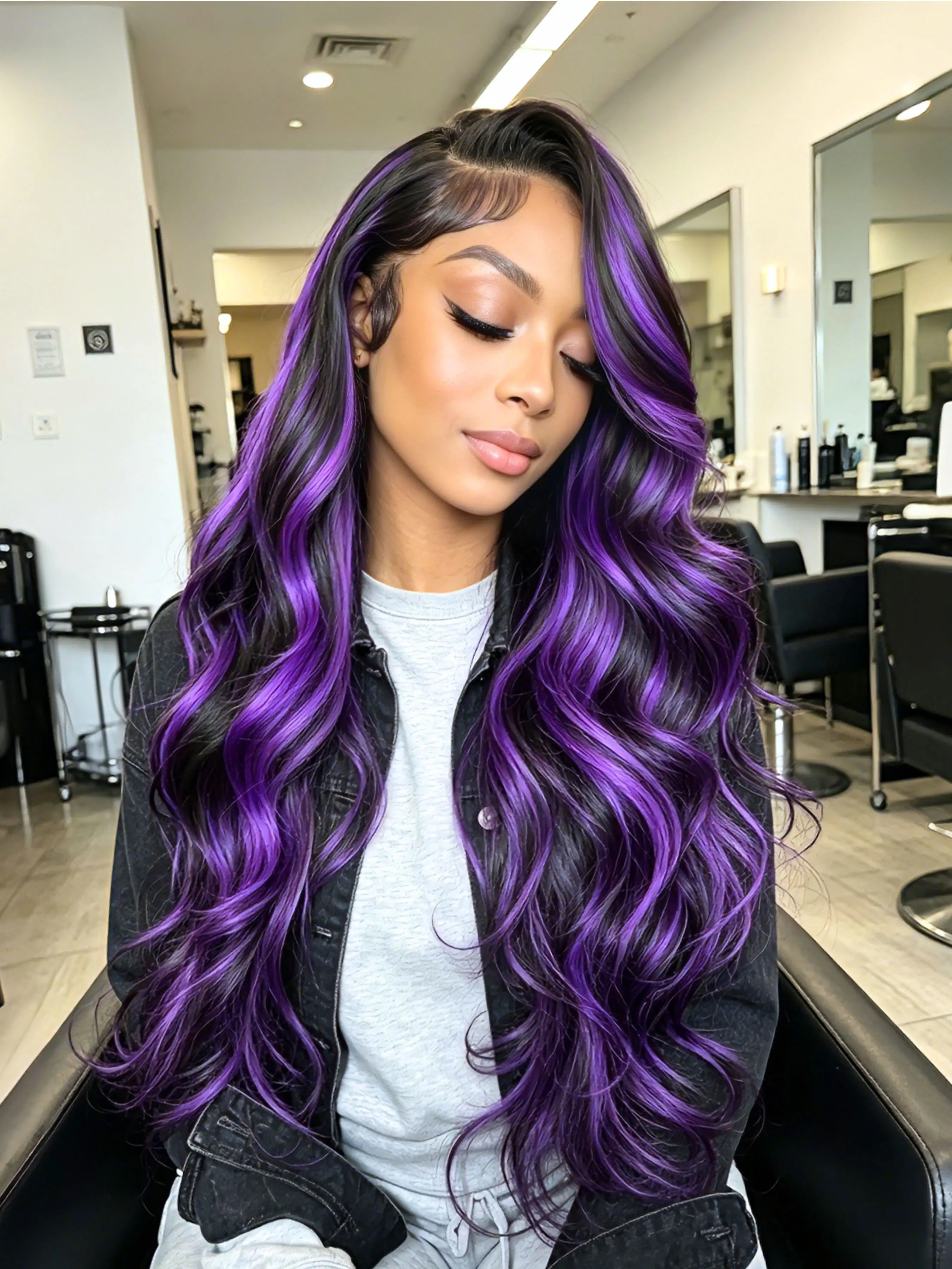 Black Plum Purple Balayage Body Wave Lace Front Wig 13x4 Free Part 28" High Density Heat-Resistant Synthetic Hair HD Transparent Lace Pre-Plucked Natural Hairline for Women Everyday Look