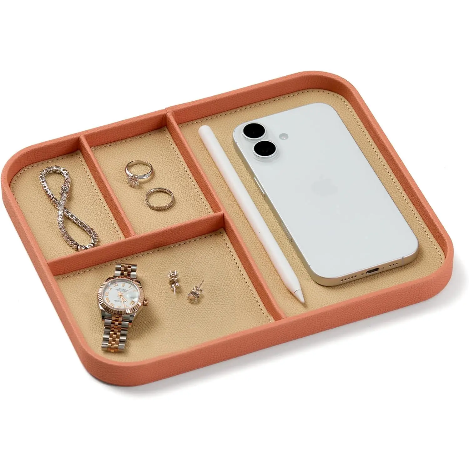 Leather Valet Tray - Coral Blush  - 9.5 x 7.9 Inch Medium Vegan Leather Tray - Stylish Nightstand Organizer for Men - Modern Bedside  - EDC Catchall for Key Watch Wallet Jewellery