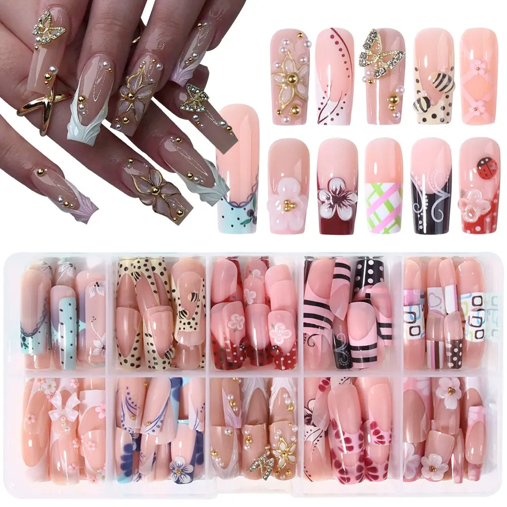 240 Medium Square Press-On Nails, 3D Gel Petal Design, & French Tips, Pearl & Bead Accents, Perfect for Daily Use & Parties
