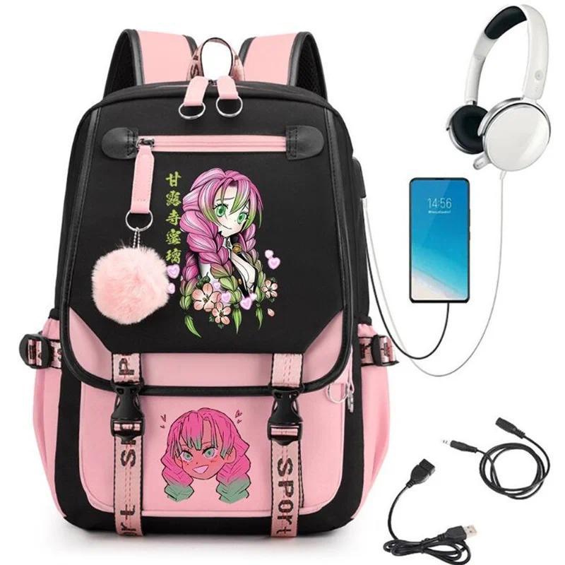 Demon Slayer Kanroji Mitsuri Backpacks Teenarges Schoolbag Anime USB Charge Laptop Travel Outdoor Bag Color Blocking Mochila