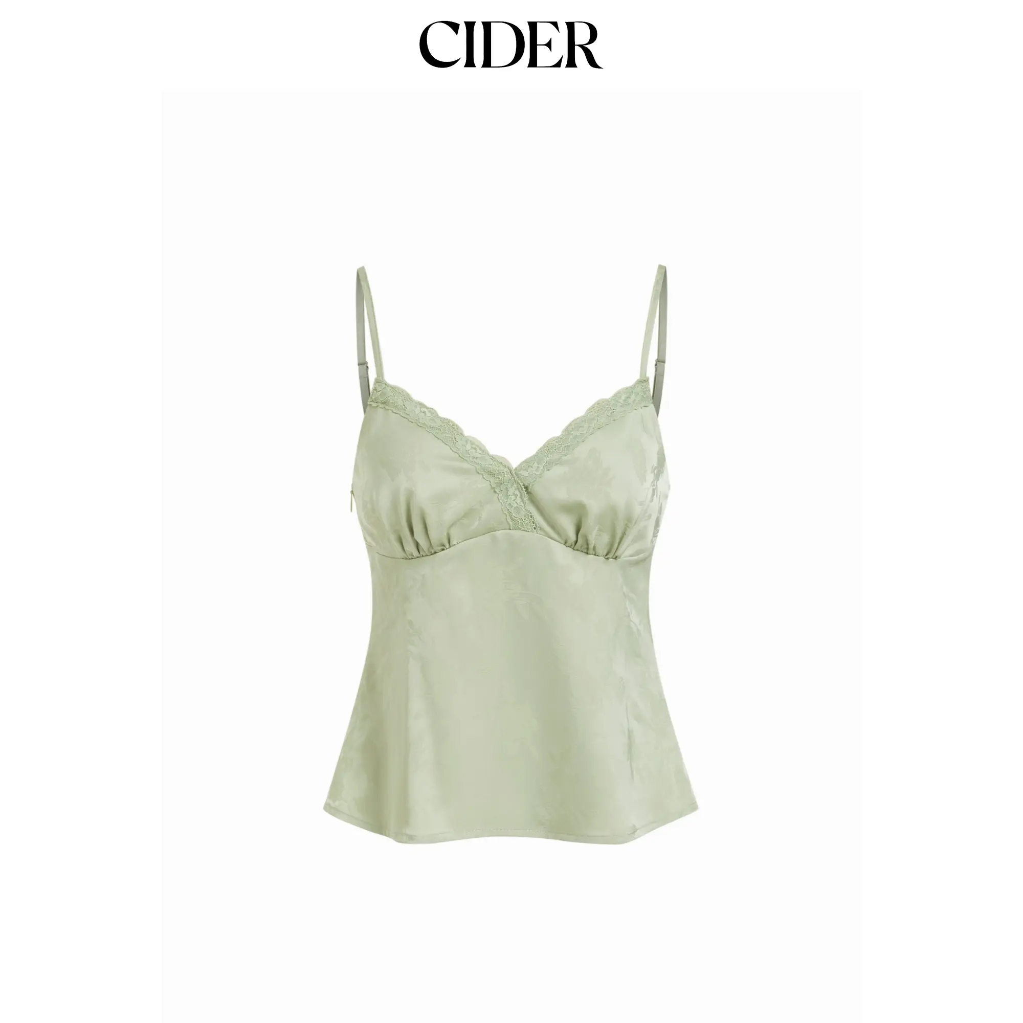 Cider Silk Jacquard Sweetheart Neck Lace Trim Cami Blouse