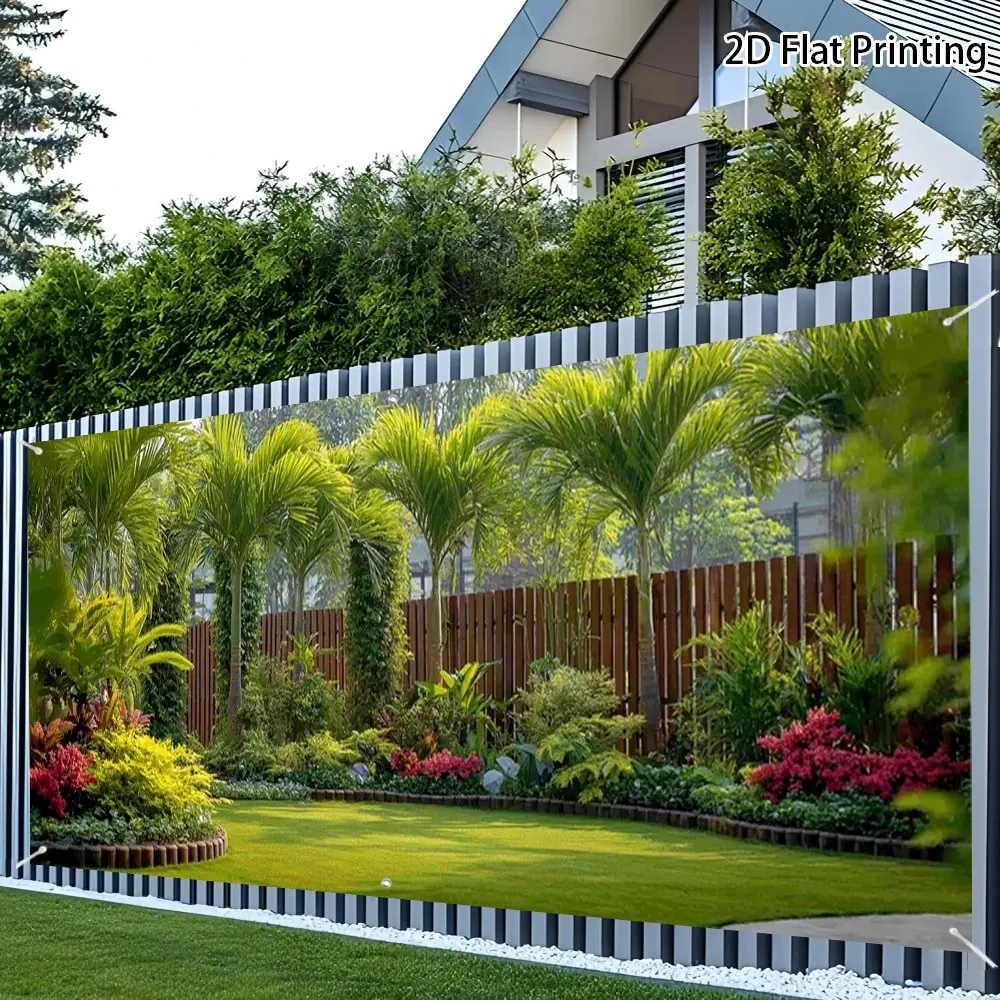 2D Flat Tropical Garden Garage Banner | Single-Sided Polyester | Metal Grommets for Easy Hanging | Lush Palm Trees, Green Lawn & Backyard Oasis Theme, Outdoor Garage Door Decor, Garden Makeover, Party Backdrop & Exterior Wall Decoration