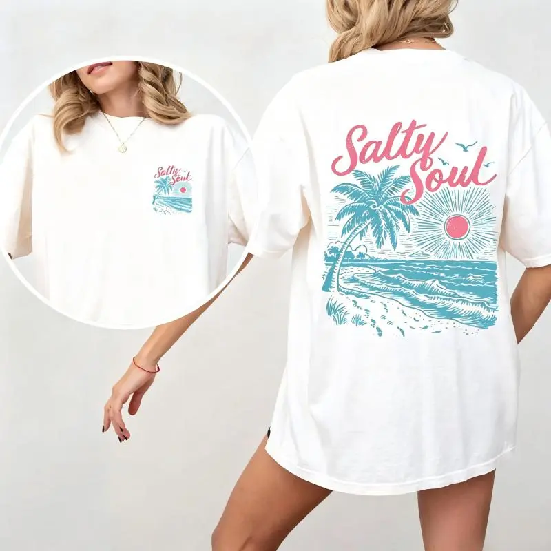 Women's Casual Loose Round Neck Streetwear T-Shirt - Salty Soul Beach Sunset Palm Trees Summer Front and Back Top