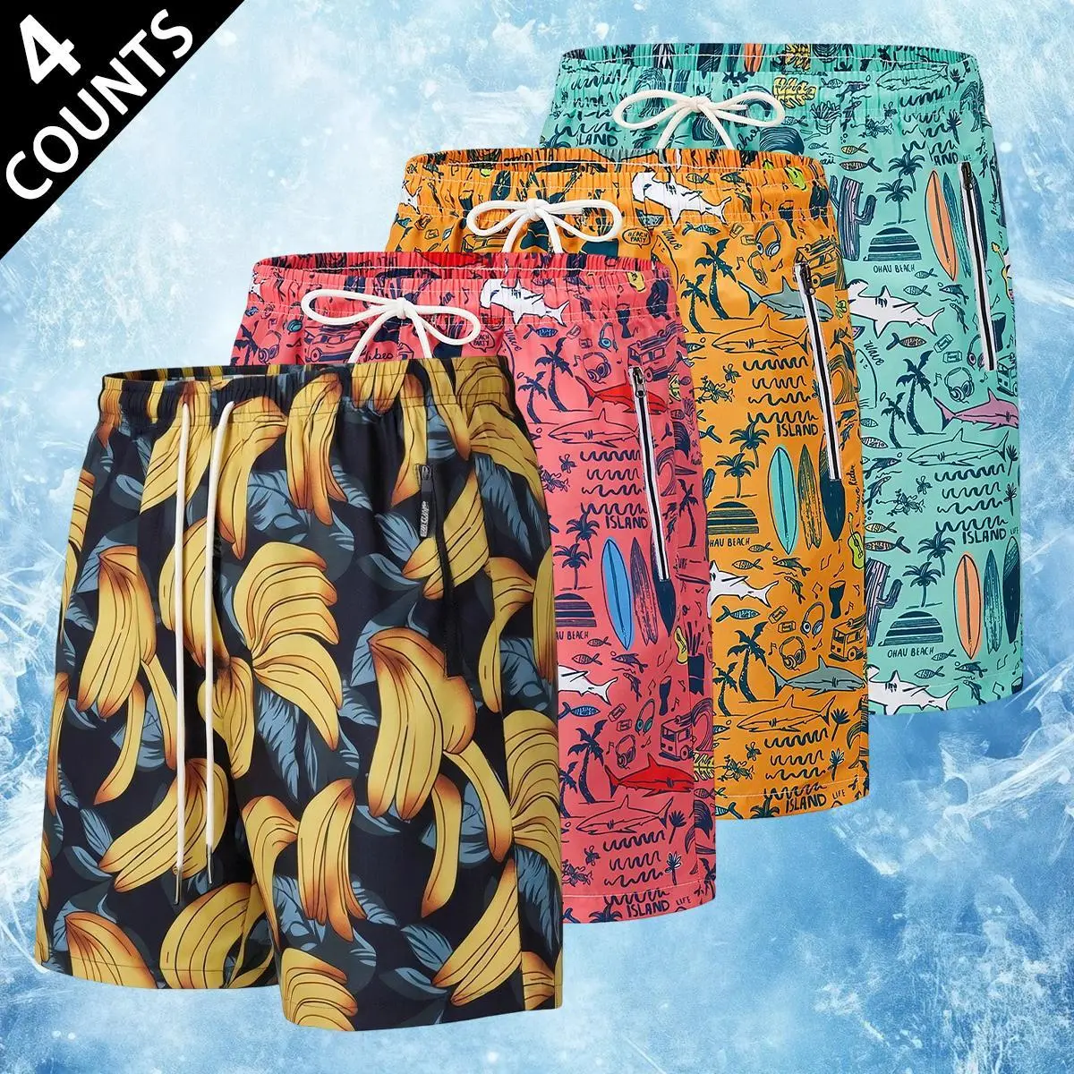 Men's 4-Pack Patterned Beach Swim Trunks, Loose-Fitted Adjustable Beach Wear Shorts with Drawstring, Relaxed Silhouette, Wrinkle-Resistant, Packable, Washable, Ideal for Casual Summer Use, No, Quick Dry