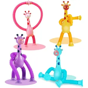 Pop Tubes Giraffe Fidget Toys for Kids, Telescopic Suction Cup Sensory Toys, Calming Anxiety & Stress Relief for Boys & Girls Ages 3–9, Fun Basket or Stocking Stuffer Gift - 4 Packfidget toys