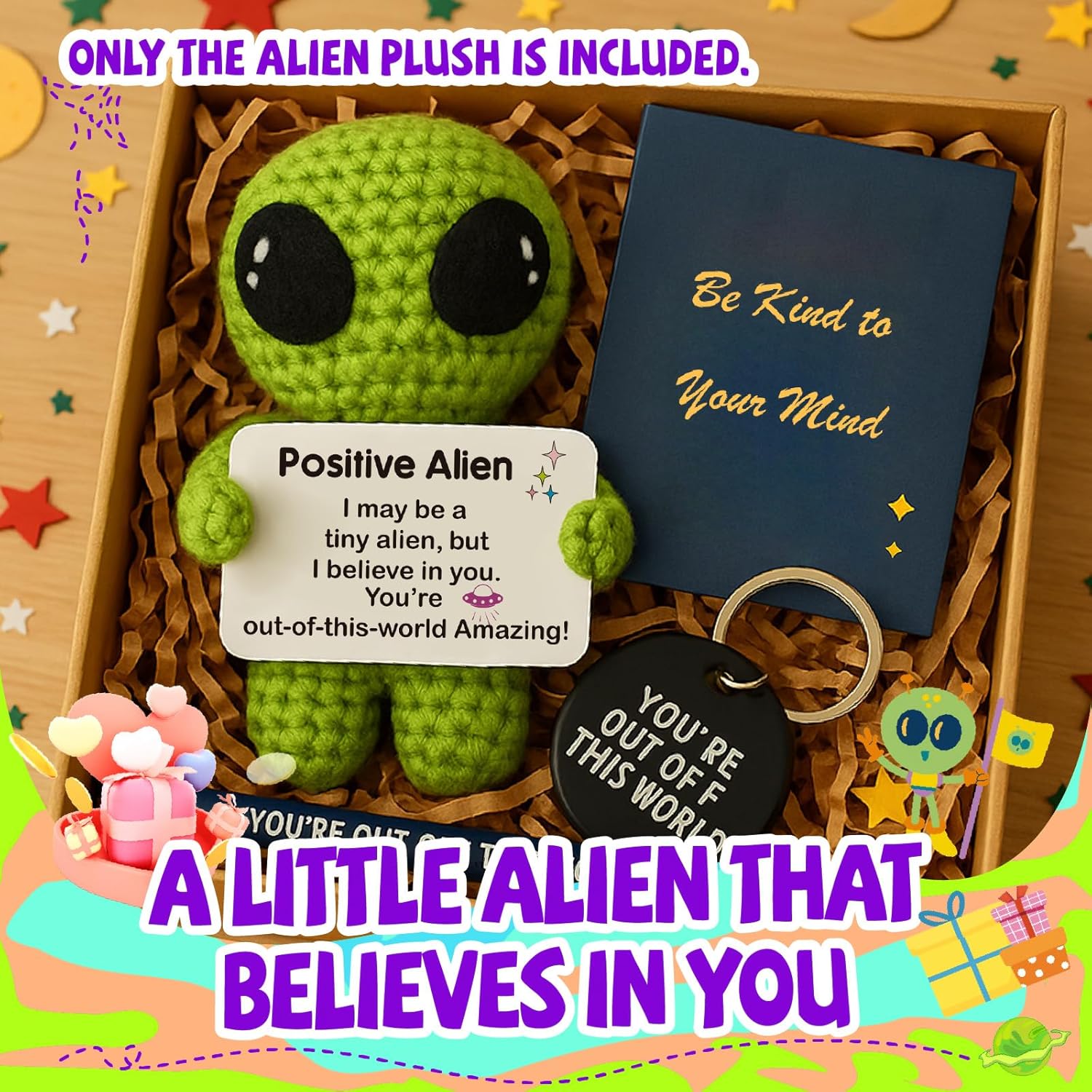 Positive Alien Crochet Plush with Inspirational "You're Out-of-This-World Amazing" Message Card, Handmade Emotional Support Desk Decor, Funny Motivational Gift for Teens Friends Coworkers, Ideal for Valentines, Easter Basket Stuffers, Birthday & Graduatio