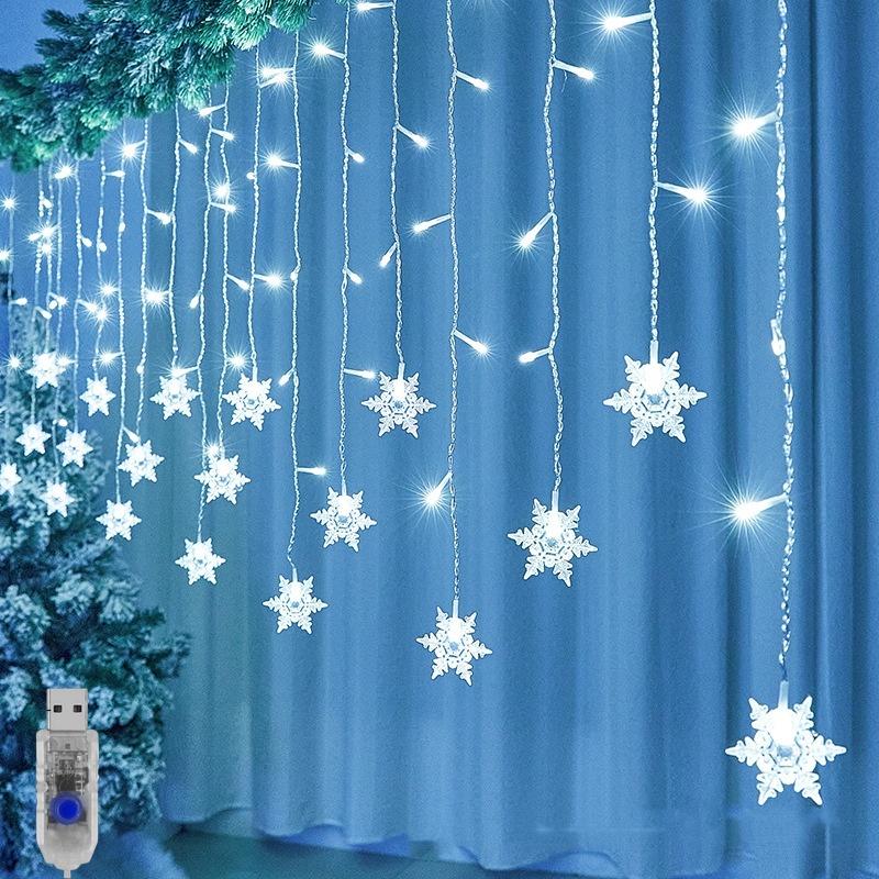Snowflake Design Curtain Light, USB Powered 8-modes Snowflake Fairy Icicle Light, Decorative Light for Wedding Party Birthday Home Garden Decoration