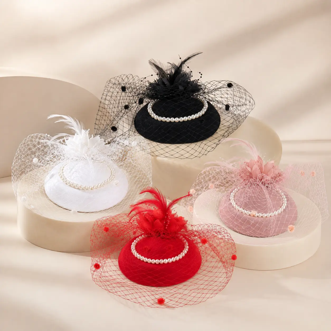 Women’s Vintage Fascinator Hat with Birdcage Veil, Pearl Trim, Flower & Feather Pillbox Headpiece for Wedding, Tea Party, Cocktail, Church and Derby