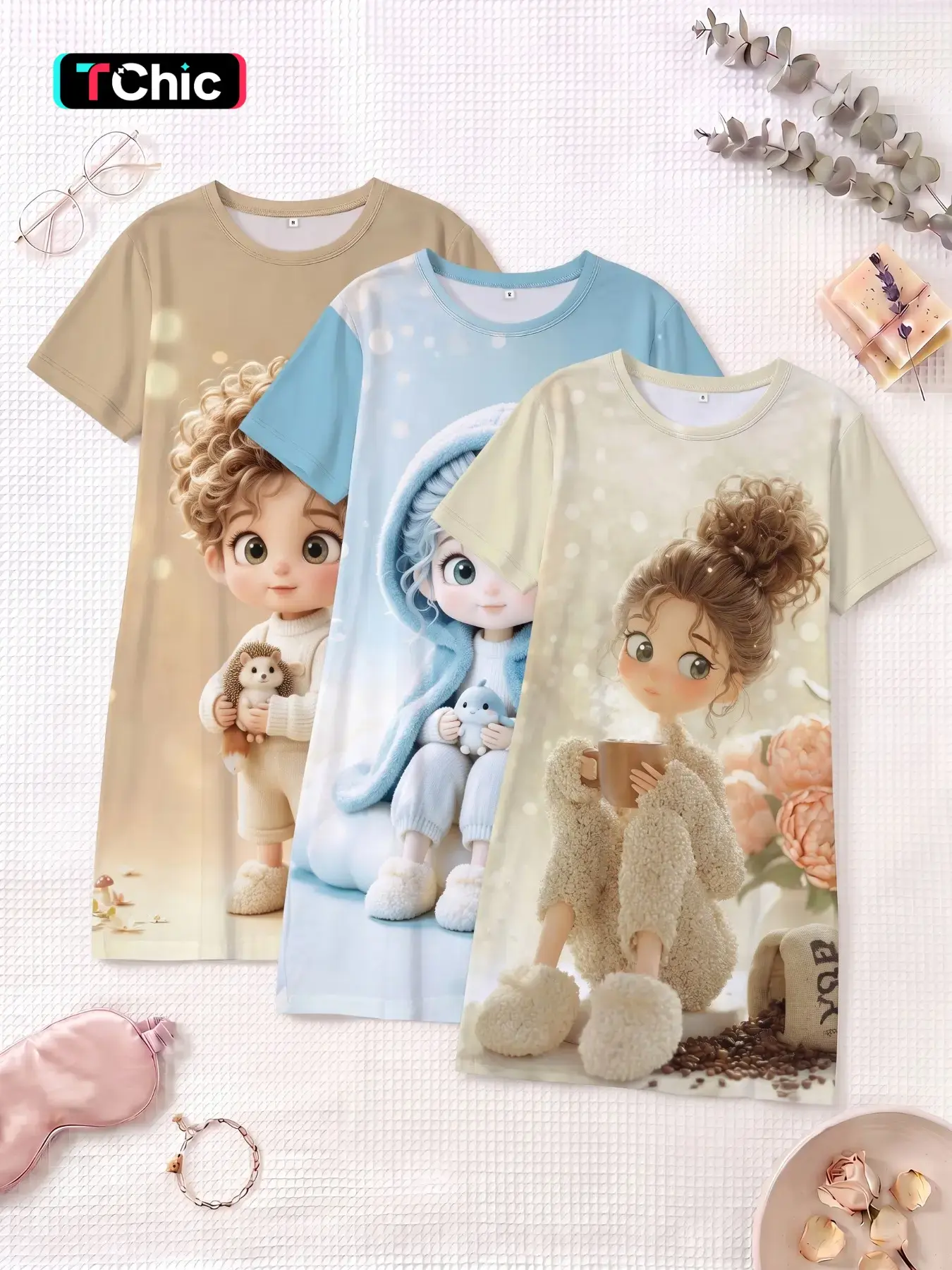 3-Pack Cute Cartoon Girl Print Nightdresses, Round Neck Short Sleeve, Breathable Slim-Fit Sleepwear for Spring Summer
