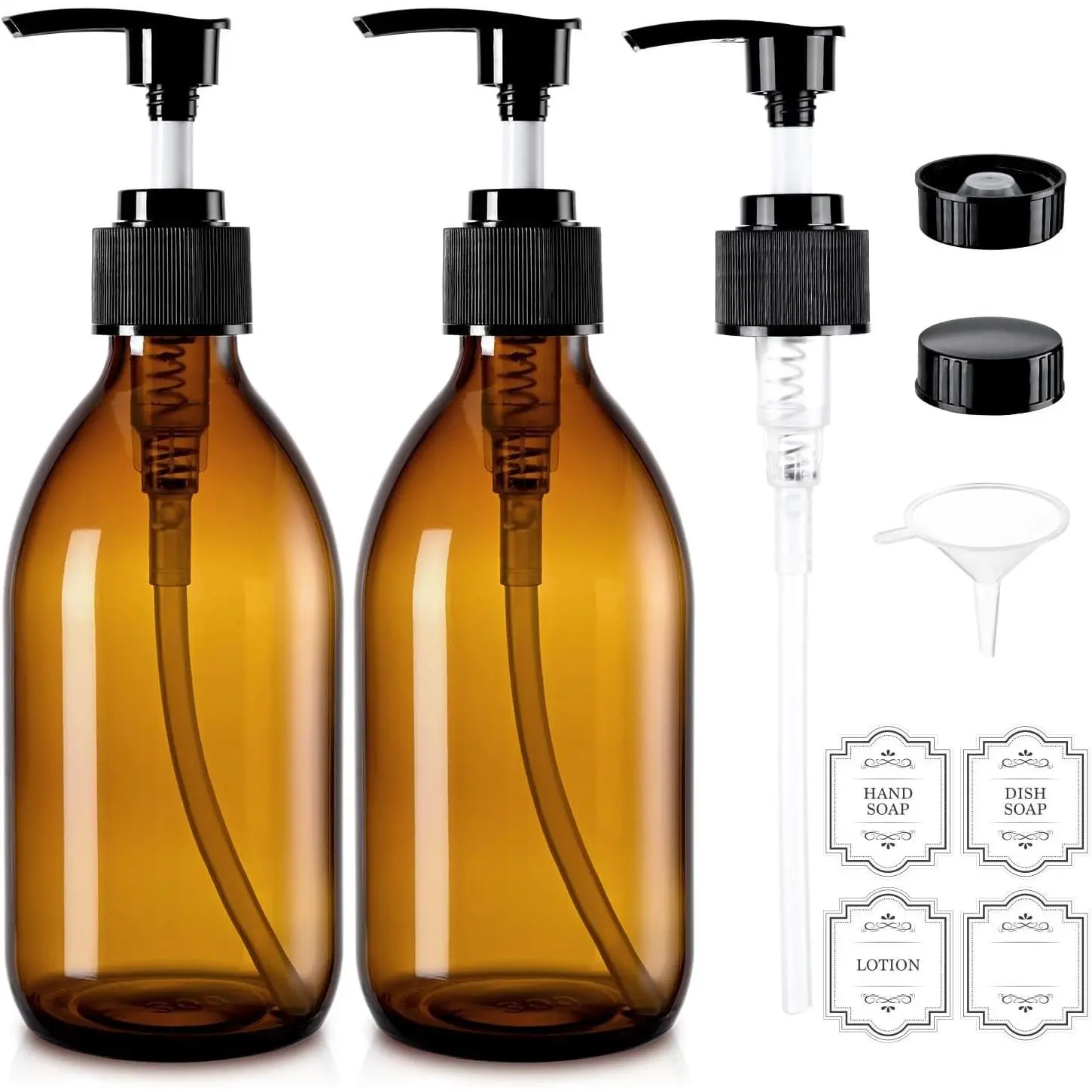 2-Pack 10 oz (300ml) Small Amber Glass Soap Dispenser with Pump - For Shower Lotion, Body Oil, Hand & Dish Soap, Includes Storage Caps & Labels