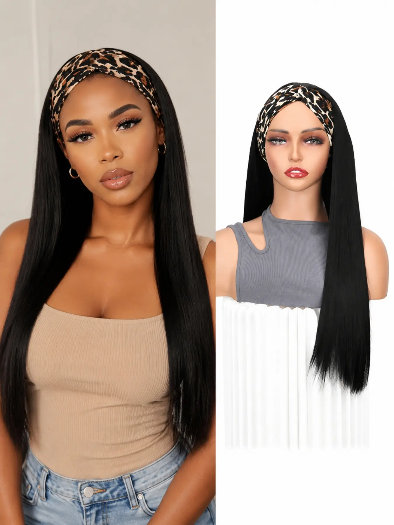 26 Inch Headband Wig Synthetic Hair Long Straight Wig Leopard Headband Natural Looking Glueless Wig For Women