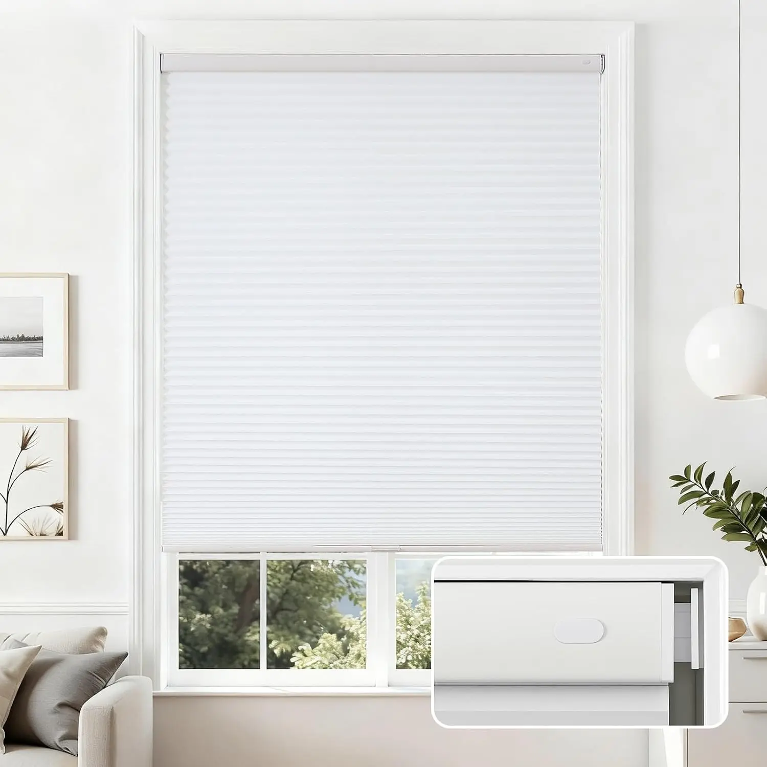 No Tools No Drill Cordless Cellular Shades, Light Filtering Honeycomb Blinds for Indoor Windows, Thermal Insulating & Noise Reducing (White, 34" W x 64" H) | Thermal Insulating, No Drill Blinds for Windows, Light Filtering Cellular Blinds for Bedroom