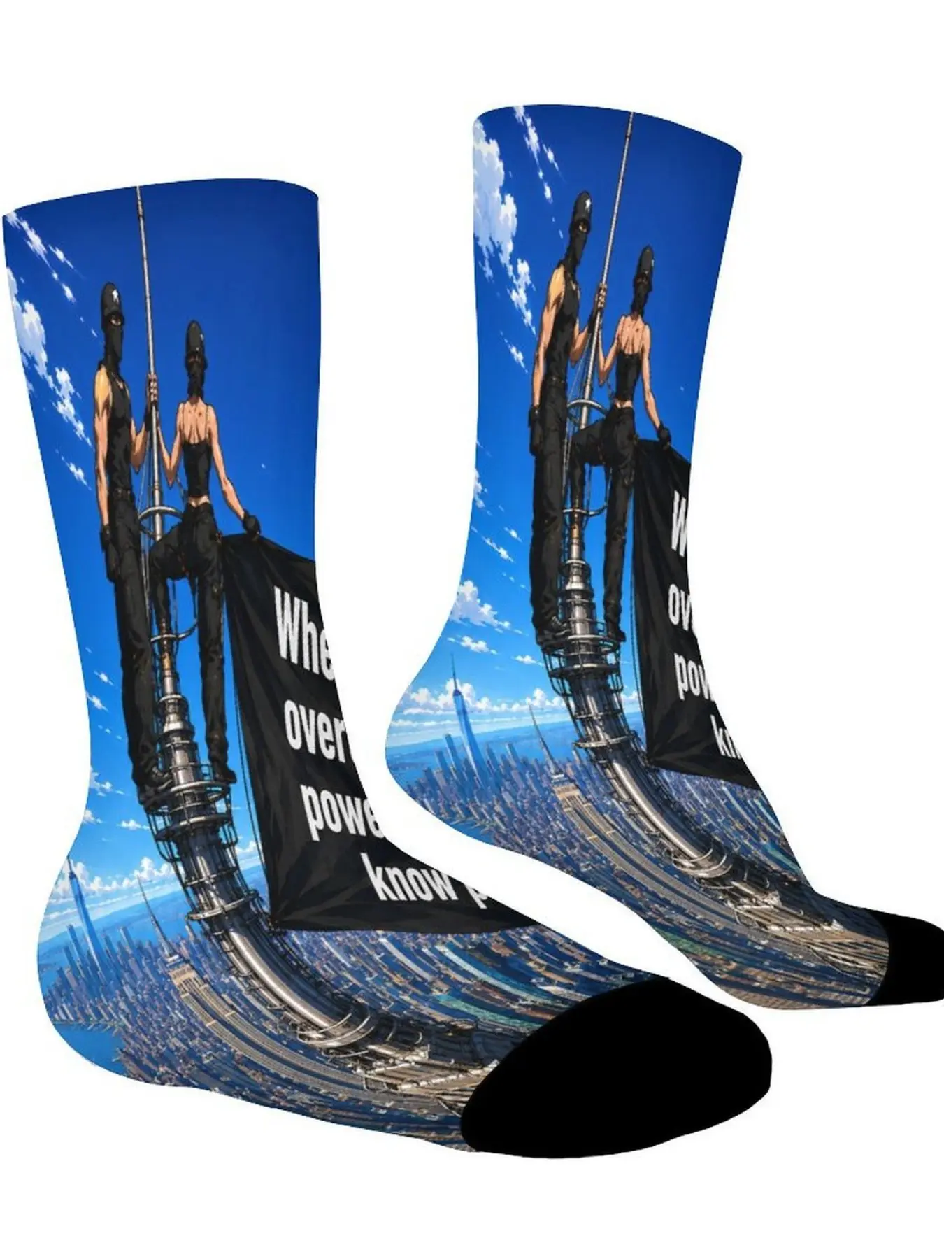 1pairs unisex mid-calf socks with a black flag print of love and peace. Machine washable, suitable for outdoor leisure and sports, comfortable and breathable, perfect for everyday street style.
