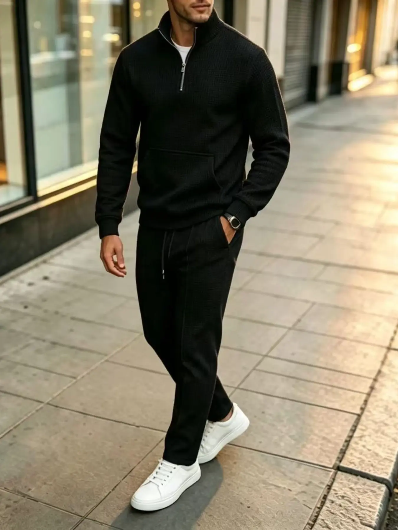Men's Waffle Knit Two-Piece Set, Half-Zip Waffle Stand-Up Collar Top, Drawstring Long Pants, Casual Sportswear, Fall Streetwear