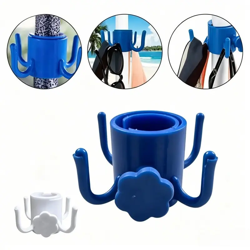 2 Pack Beach Umbrella Hanging Hook, 4 Prongs Plastic Hanger for Towel Hat Sunglasses Camera, Durable Blue Color Design