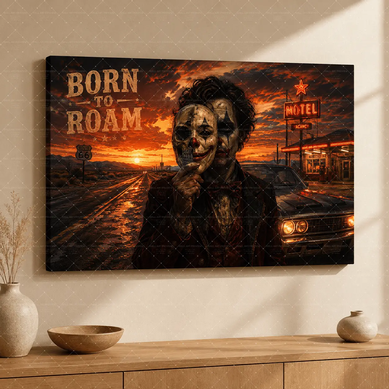 "Born To Roam" Joker Motel Canvas Wall Art, Retro Route 66 Sunset Print, Dark Western Aesthetic, Living Room Bedroom Office Decor, Wanderlust Joker Poster Gift,wall decor,poster.