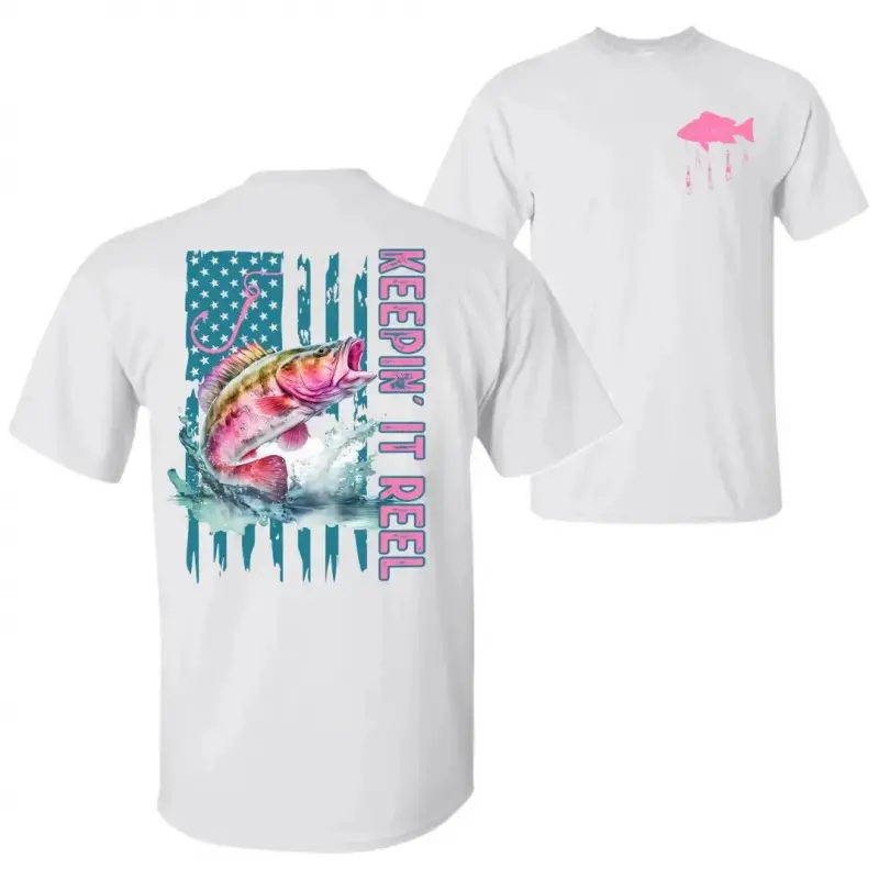 Men's Keepin' It Reel Cotton Shortleeve Fishing T-Shirt - Unisex Fish Print Tee, Personalized Street Wear Outfits, Fishing Lover Gift Clothes, Outdoor Menswear Tops (For Pant Pairing), Shortsleeve, Thin, Soft, Loose, Retro, Classic, Casual, Cold Wash, Fol