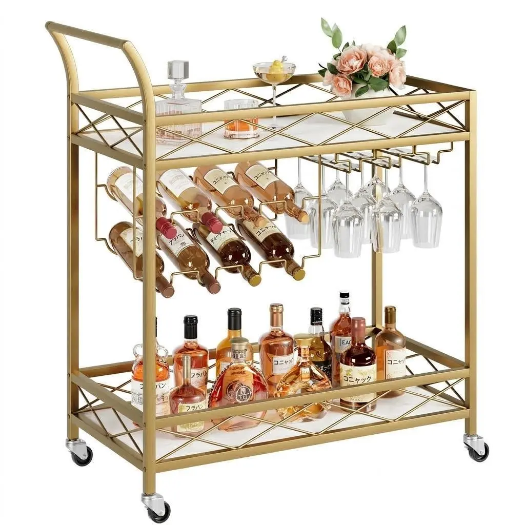 Gaomon 2-Tier Gold Bar Cart, Mobile Home Bar Serving Cart on Lockable Wheels, Rolling Beverage Cart with Wine Racks & Glass Holders for Kitchen Dining Living Room