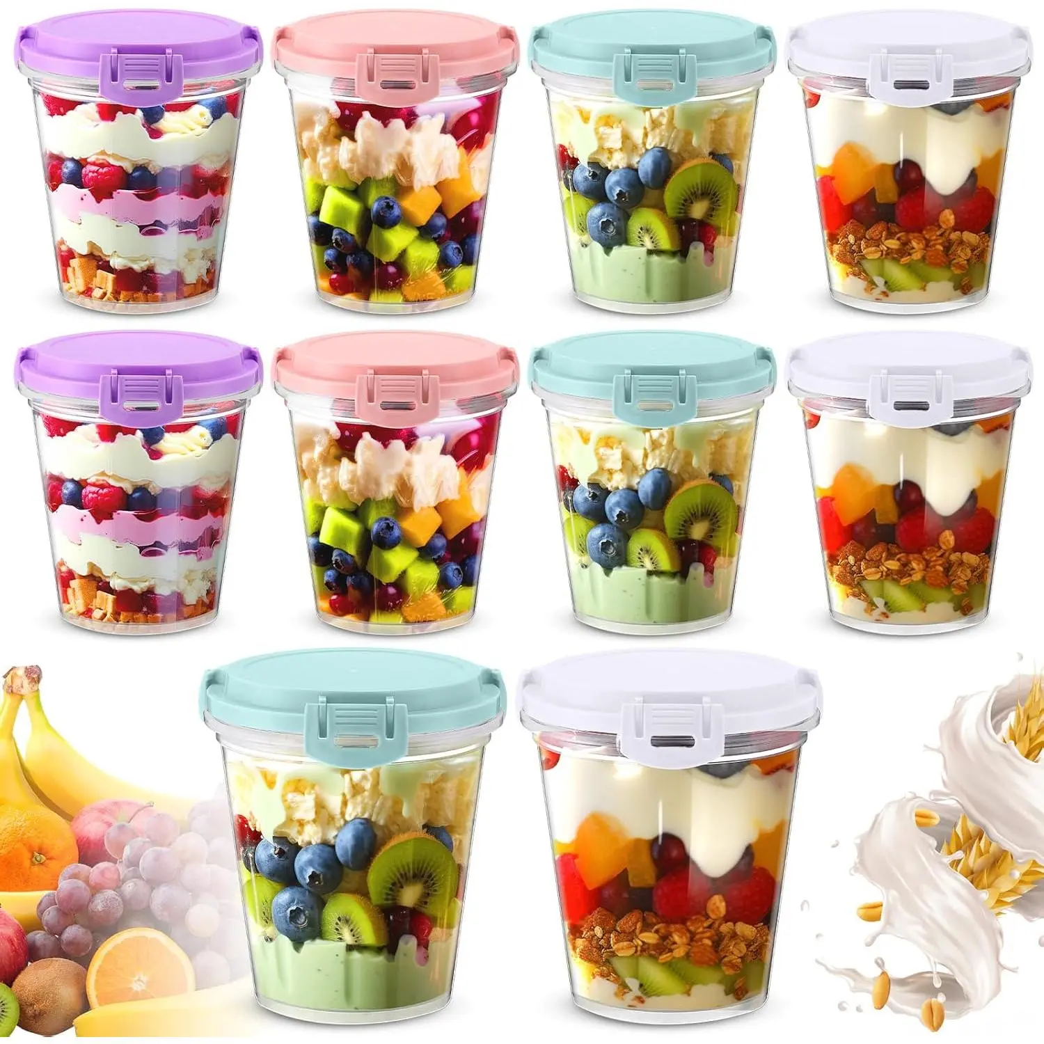 10 count Overnight Oats Containers with  24 oz Leak Proof Oats Jars  Plastic  Storage Meal Prep Container for Yogurt Cereal Soup Milk Salad Dishwasher Safe