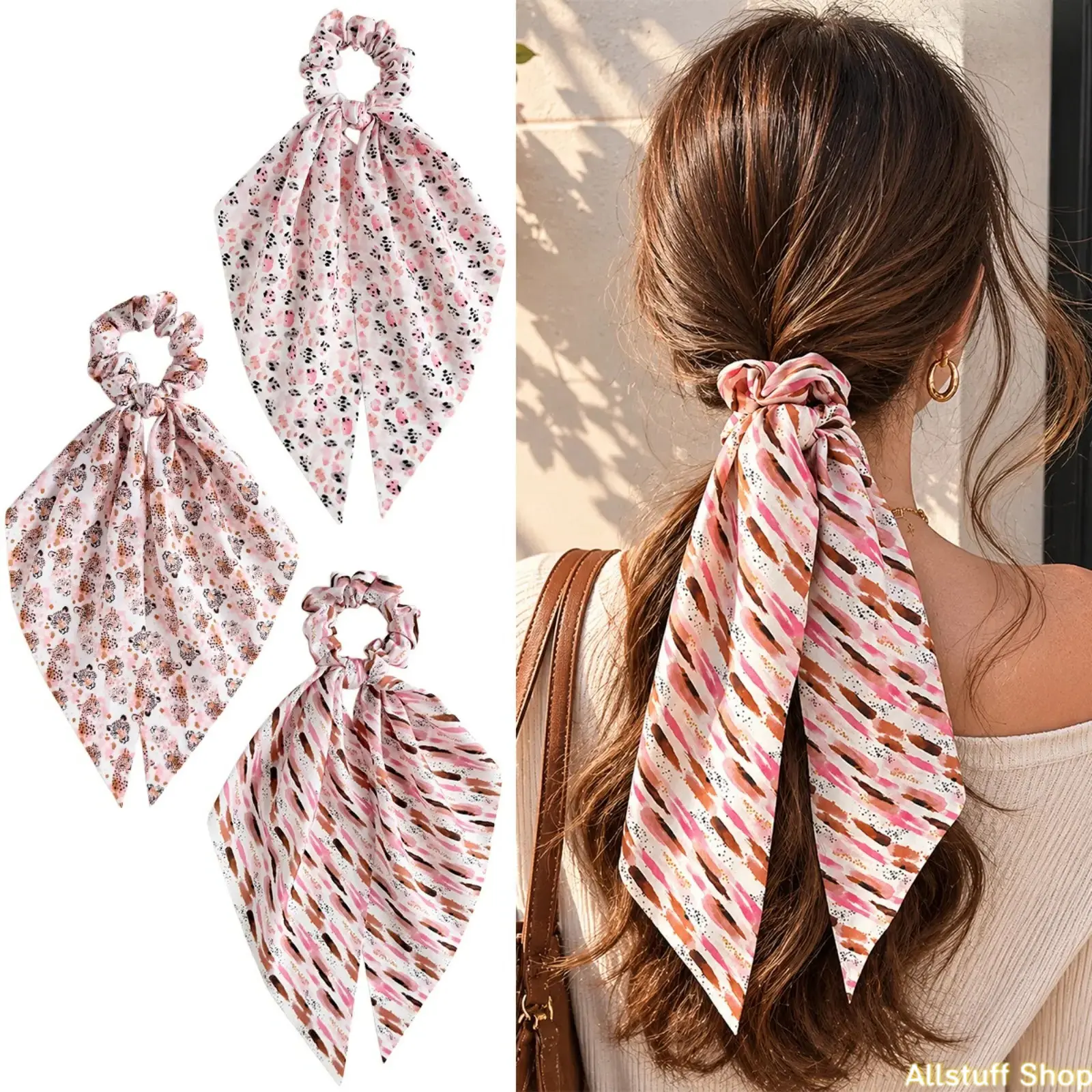 Women Girls' 3pc Leopard Print Silk Satin Hair Accessory Set - Floral Scarf, Scrunchies, Long Ribbon Elastic Tie Ponytail Holders, Vintage Headband, Sport Ready for Everyday Sports & Outdoor Use