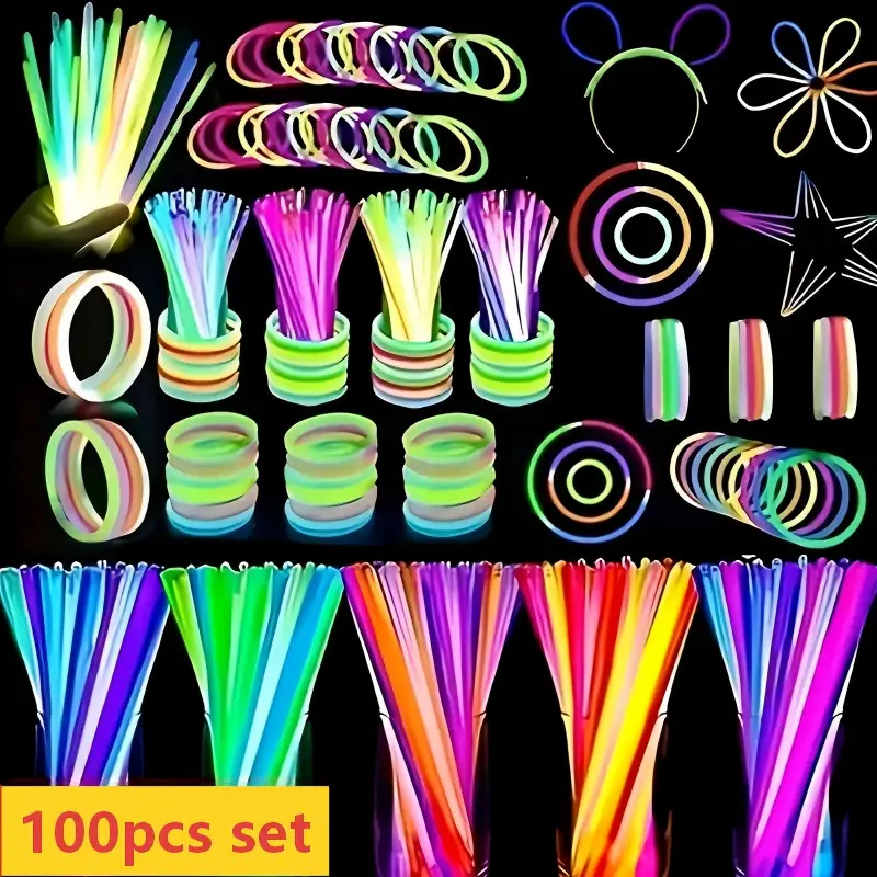 100pcs Glow Stick Set, Neon Light Sticks, Fluorescent Rods, Reusable Night Light Decor, Party Supplies, Glowing Party Favors, Party Bag Fillers, Christmas, New Year, Event Planning