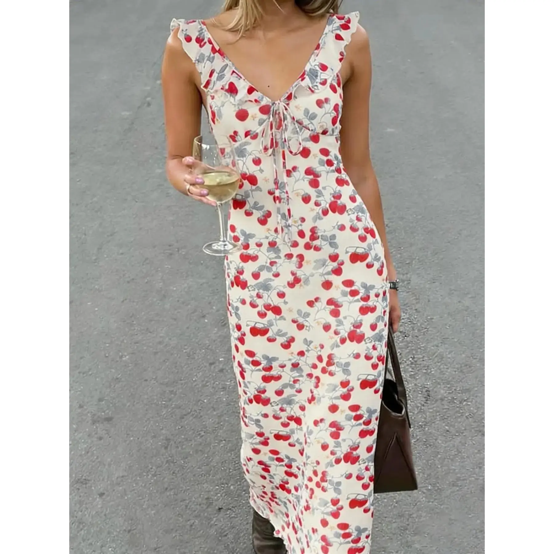 Strawberry Print Boho Style Floral Ruffle Sleeveless Dress V Neck Tie Waist Cute Y2K Vacation Beach Boho Casual Fashion Elegant Long Summer Bohemian Fashion Women's Fashion