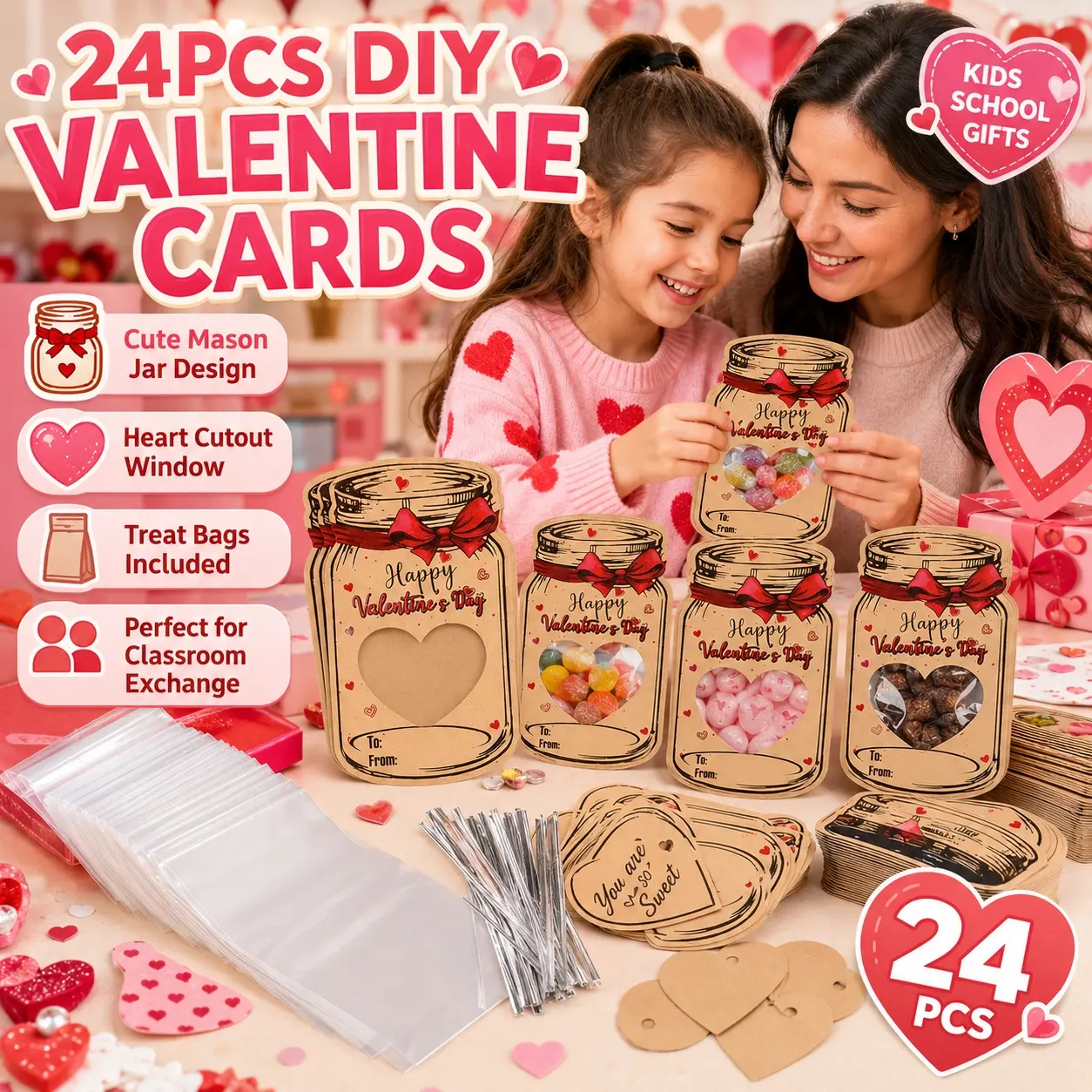 24 Pack DIY Valentine’s Day Cards for Kids School, Mason Jar Kraft Cardstock Classroom Exchange Cards with Heart Cutout & Resealable Clear Treat Bags, Bulk Valentine Party Favors, Candy Goodie Bag Gift Tags for Friends, Boys Girls