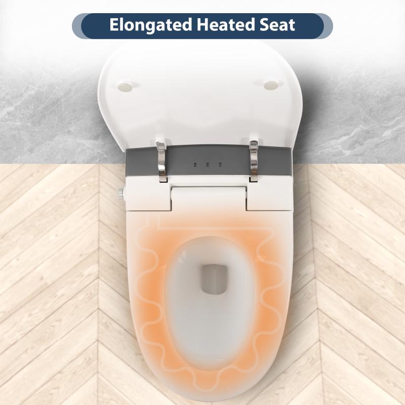 Heated Seat Smart Toilet with Foot Sensor Flush, Blue Night Light, Soft Close Cover, White Modern Bathroom Essential