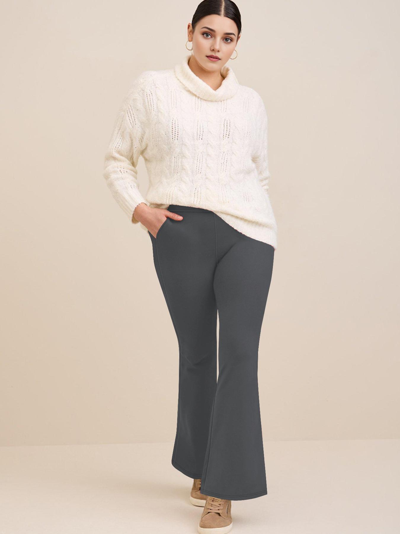 【 Plus Size】 Solid High Waist Flare Leg Pants, Casual Fashion Pants, Casual Comfy Pocket Design Bell Bottom Pants for Daily Wear, Women's Bottoms for All Seasons