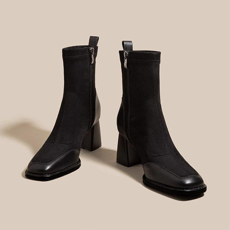 YYW1 Women's Retro Square Toe Chunky Heel Ankle Boots, Brown Fall Winter Casual Wear Footwear with Side Zipper, Fabric & Rubber Sole