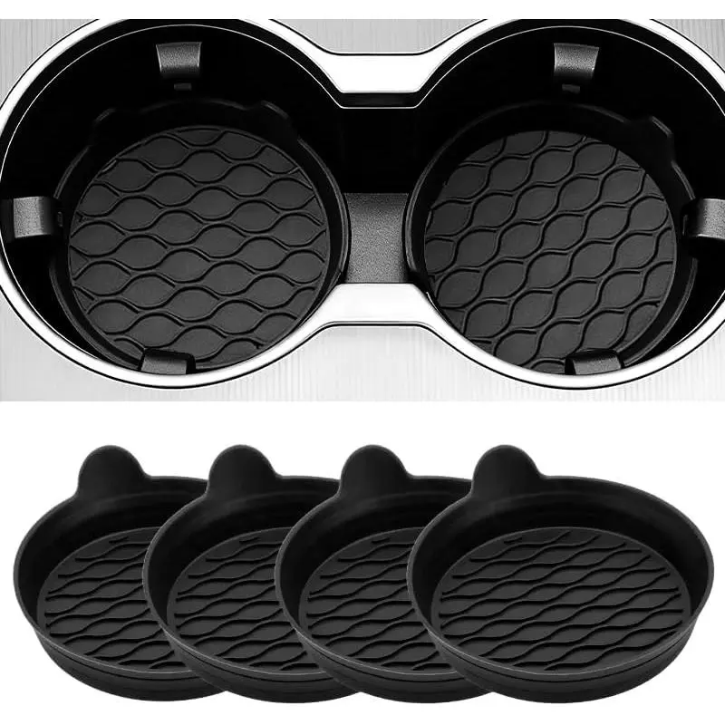 4-Pack Black Synthetic Functional Anti-Slip Car Cup Holder Coasters with Stability Enhancement, Automotive Interior Car Accessory